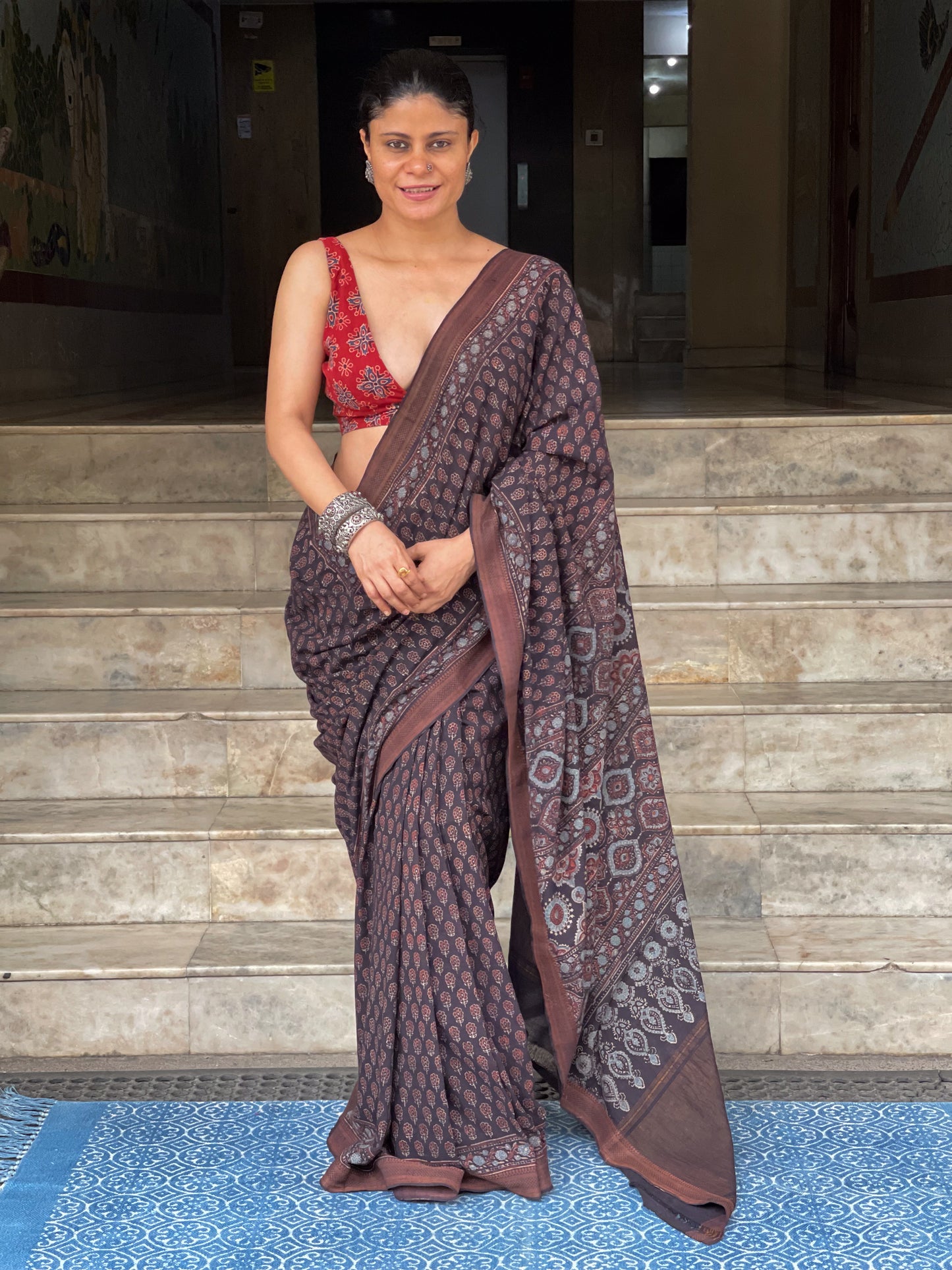 Handblock Printed Natural Dyed Ajrakh Mangalgiri Cotton Saree