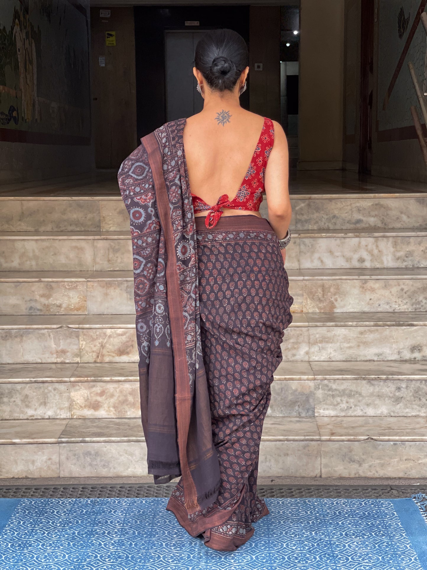 Handblock Printed Natural Dyed Ajrakh Mangalgiri Cotton Saree