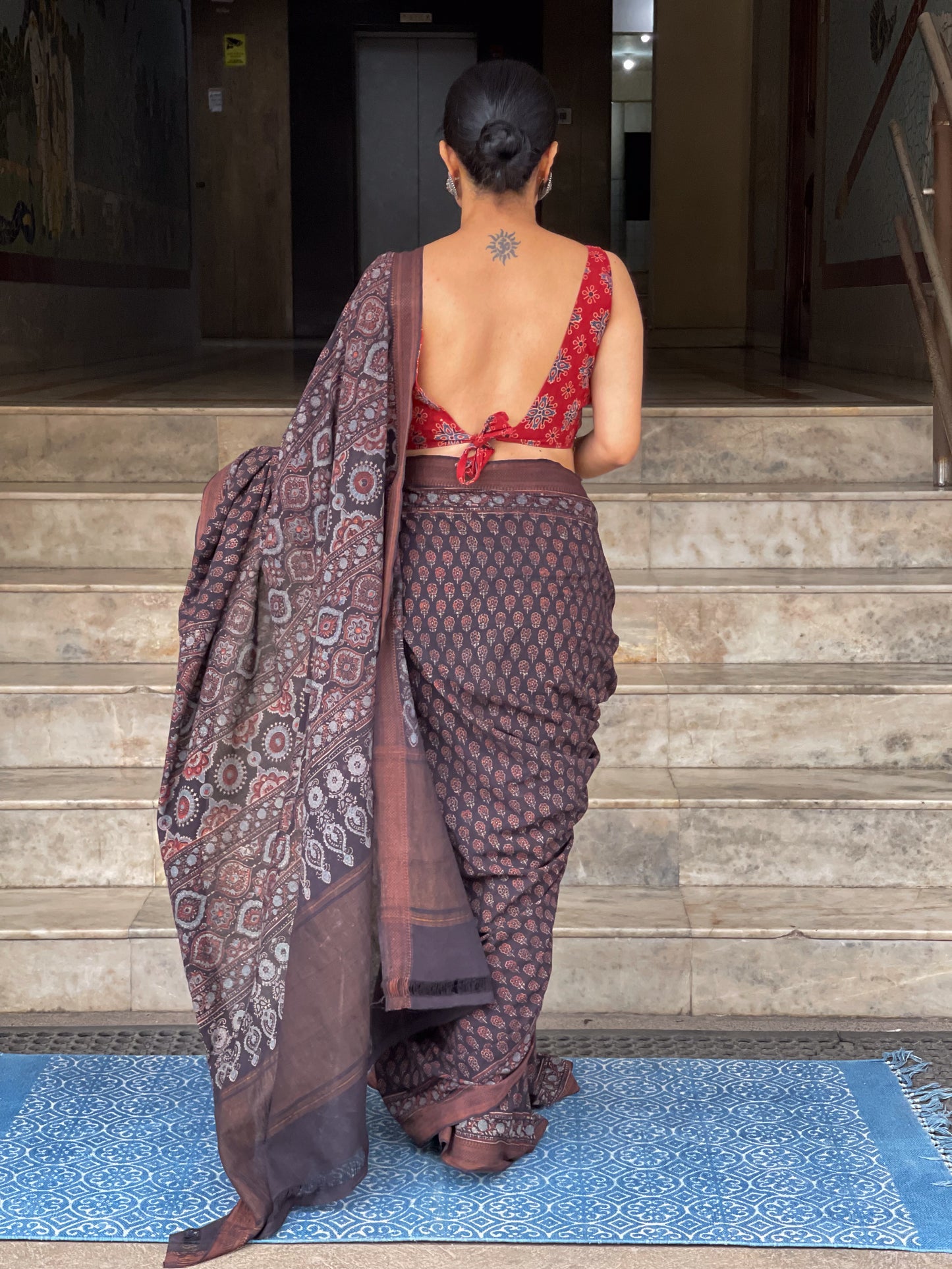 Handblock Printed Natural Dyed Ajrakh Mangalgiri Cotton Saree