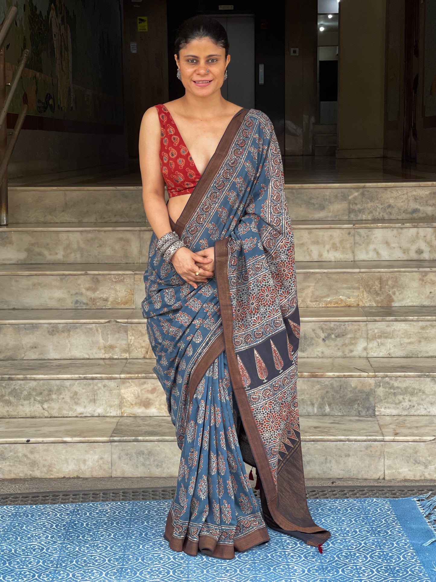 Handblock Printed Natural Dyed Ajrakh Mangalgiri Cotton Saree