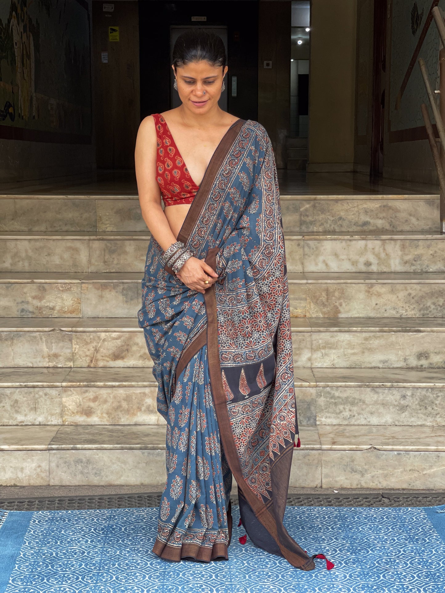 Handblock Printed Natural Dyed Ajrakh Mangalgiri Cotton Saree