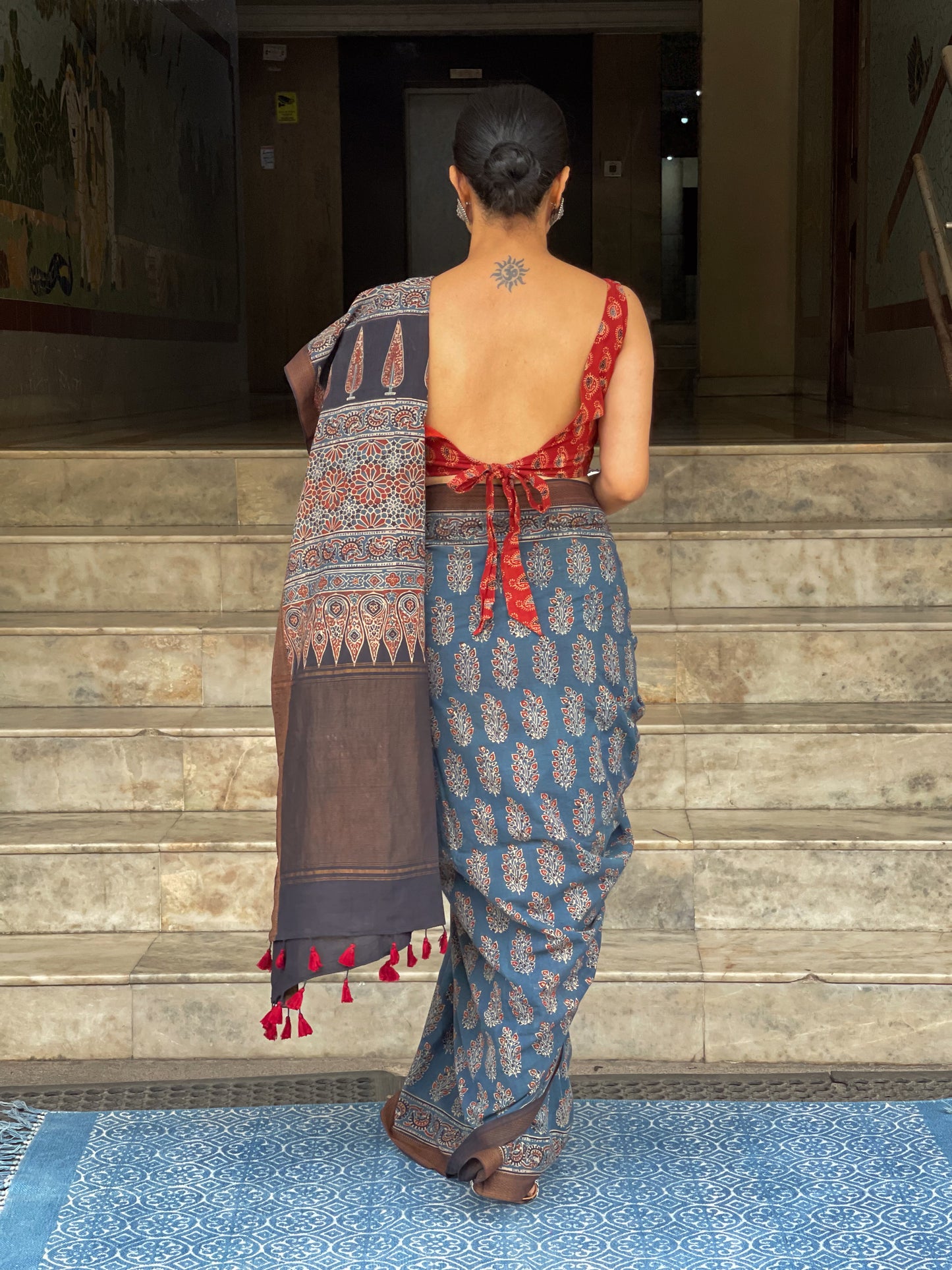 Handblock Printed Natural Dyed Ajrakh Mangalgiri Cotton Saree