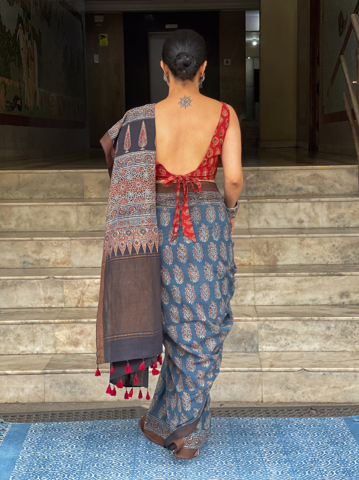 Handblock Printed Natural Dyed Ajrakh Mangalgiri Cotton Saree