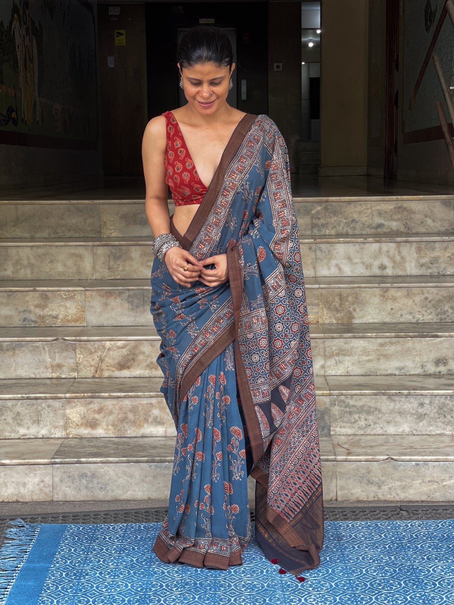 Handblock Printed Natural Dyed Ajrakh Mangalgiri Cotton Saree