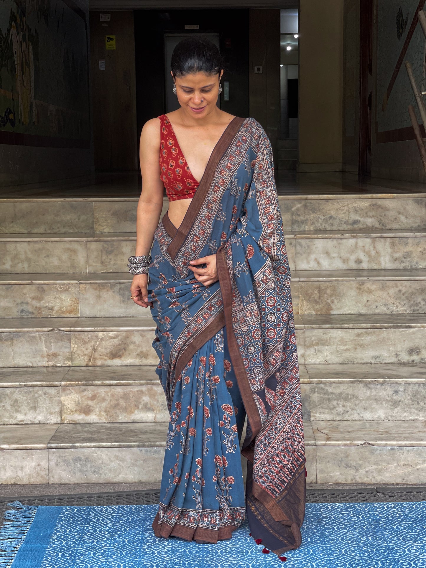 Handblock Printed Natural Dyed Ajrakh Mangalgiri Cotton Saree