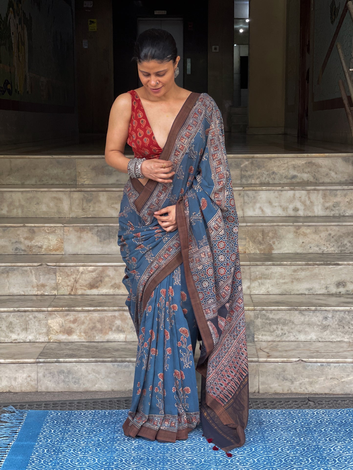 Handblock Printed Natural Dyed Ajrakh Mangalgiri Cotton Saree