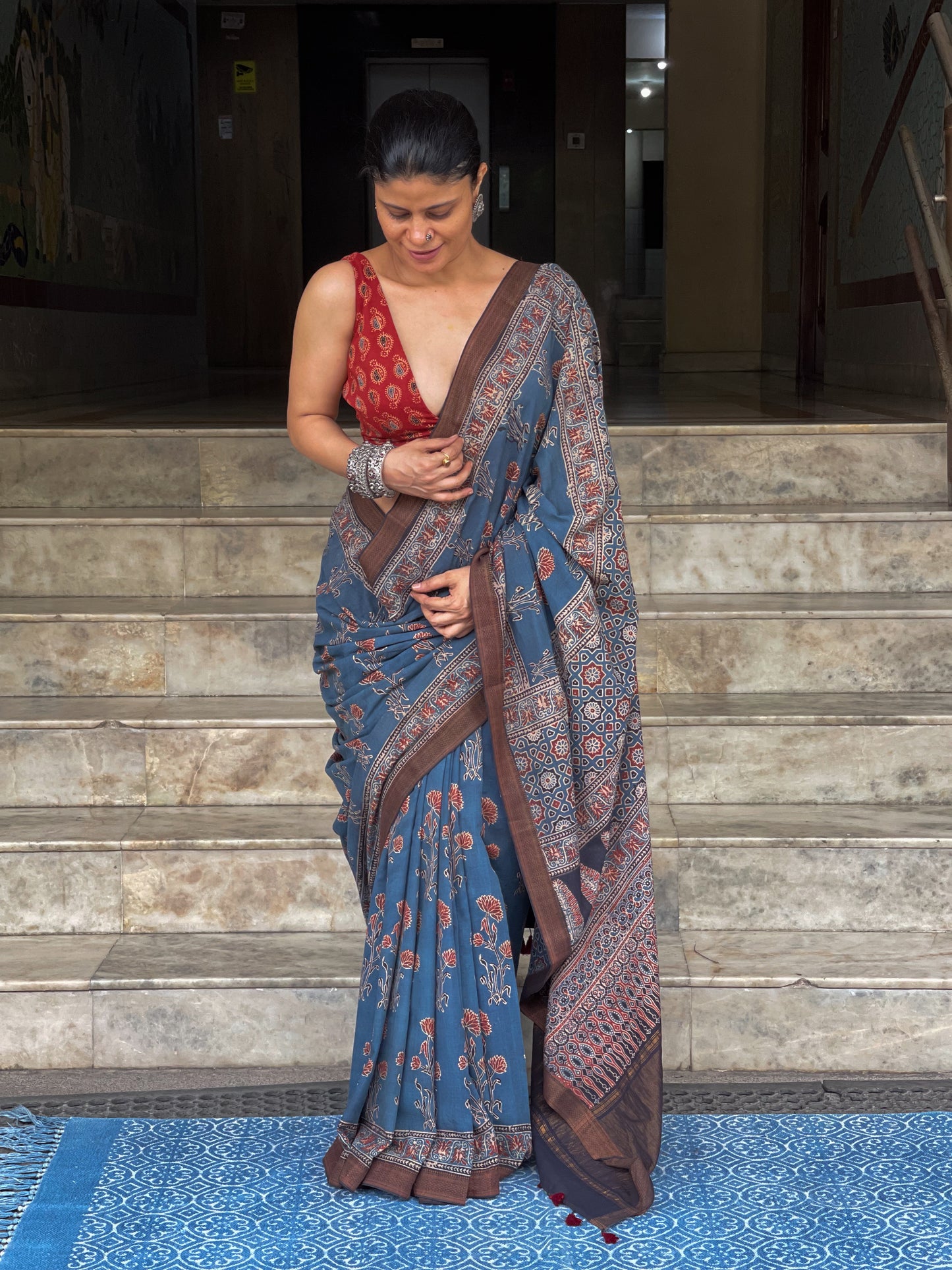 Handblock Printed Natural Dyed Ajrakh Mangalgiri Cotton Saree