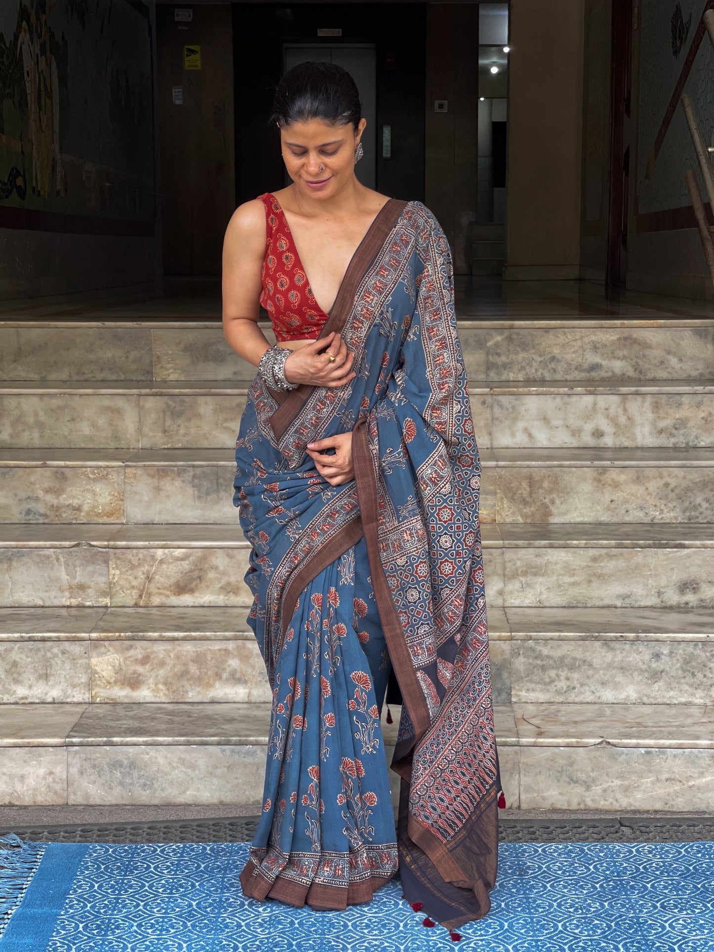 Handblock Printed Natural Dyed Ajrakh Mangalgiri Cotton Saree