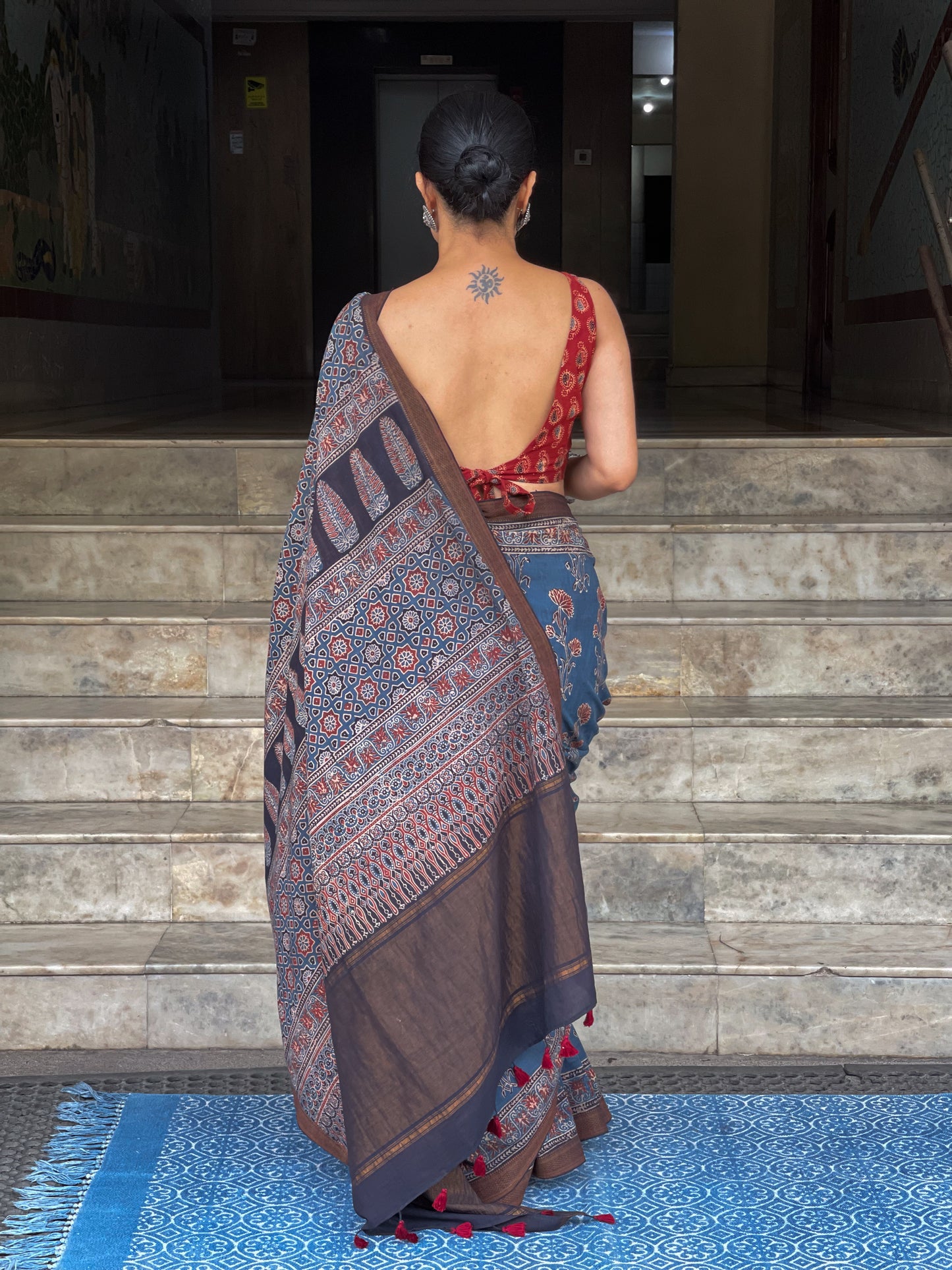 Handblock Printed Natural Dyed Ajrakh Mangalgiri Cotton Saree