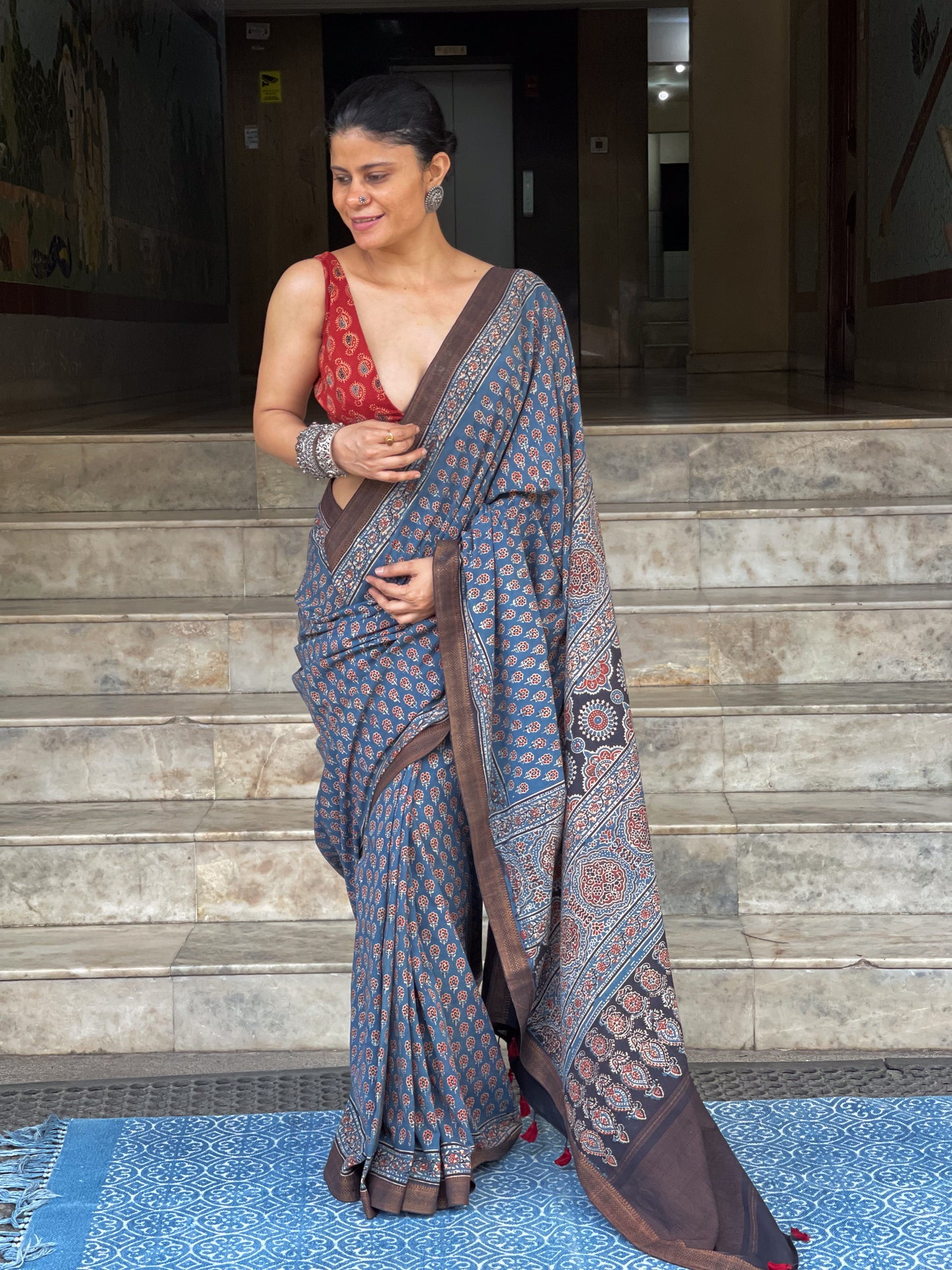 Handblock Printed Natural Dyed Ajrakh Mangalgiri Cotton Saree