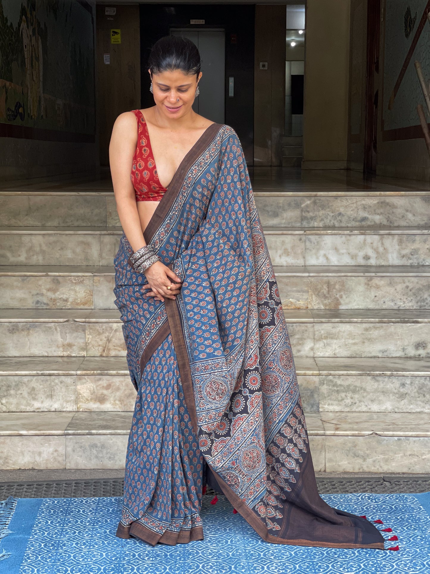 Handblock Printed Natural Dyed Ajrakh Mangalgiri Cotton Saree