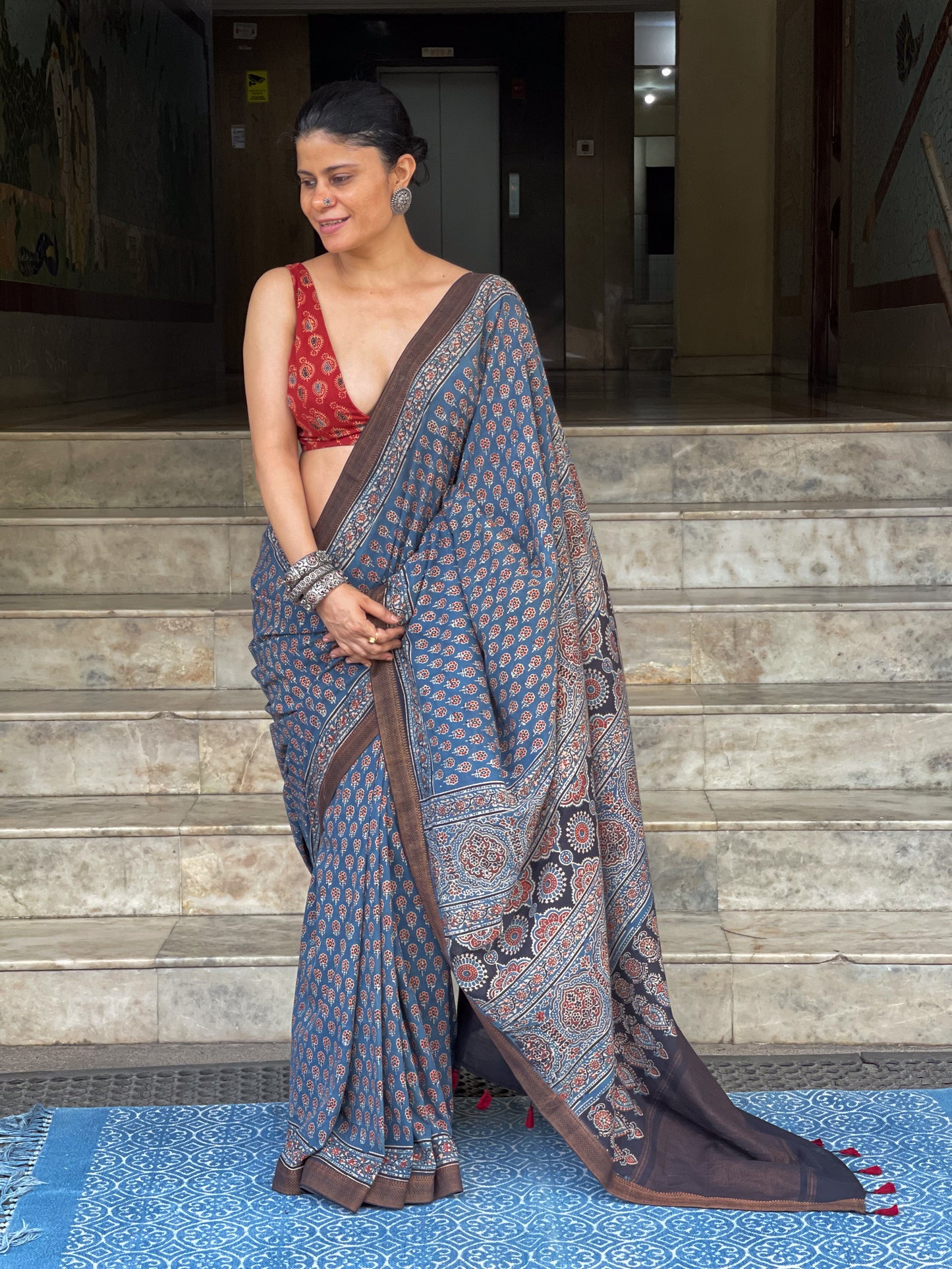 Handblock Printed Natural Dyed Ajrakh Mangalgiri Cotton Saree