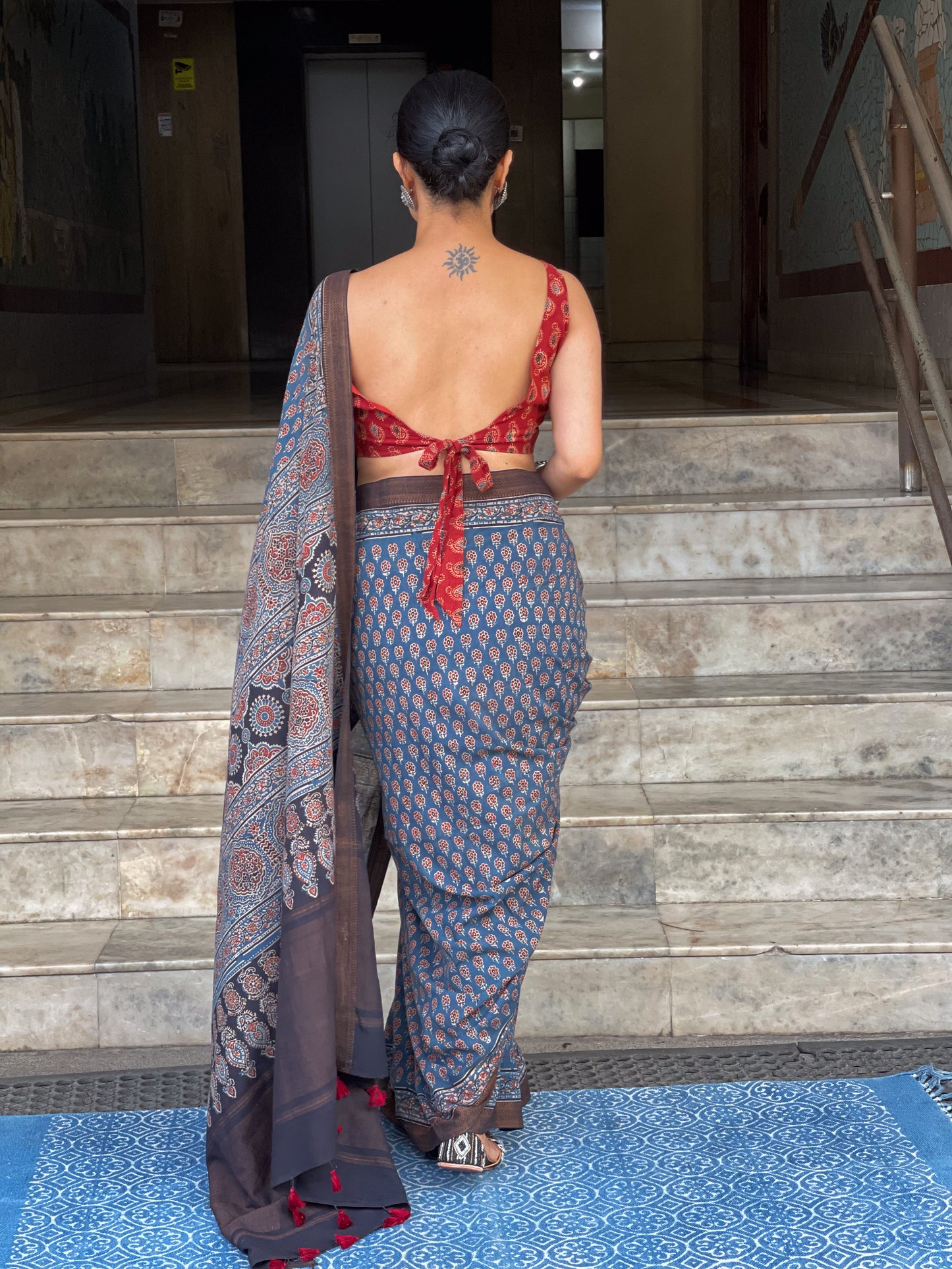 Handblock Printed Natural Dyed Ajrakh Mangalgiri Cotton Saree