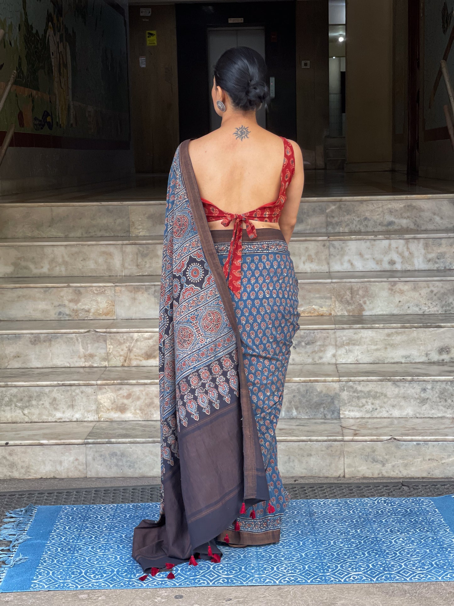 Handblock Printed Natural Dyed Ajrakh Mangalgiri Cotton Saree