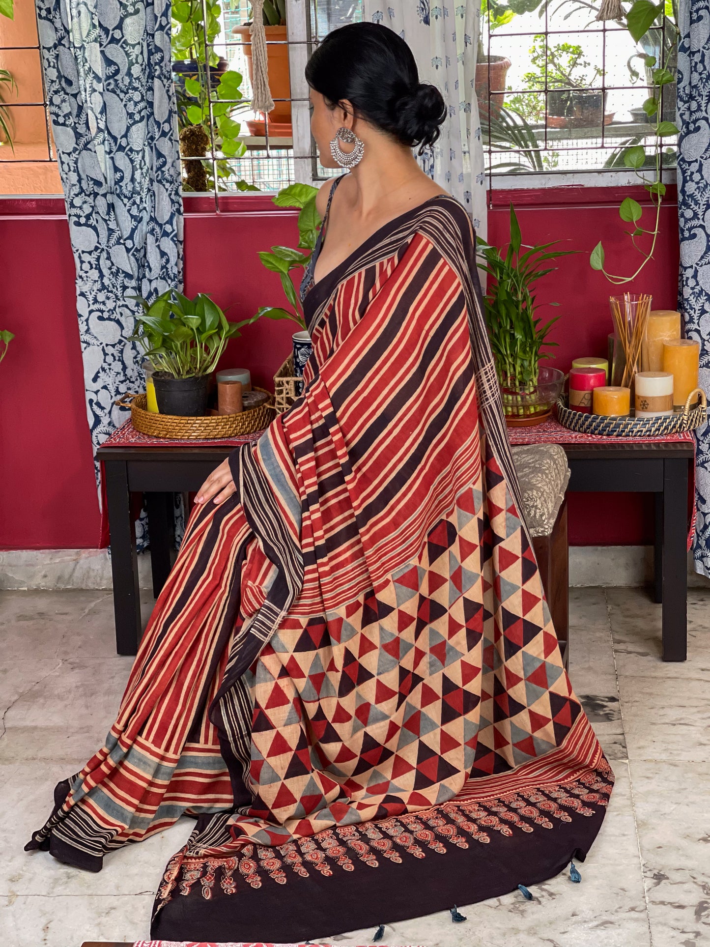 Handblock Printed Natural Dyed Ajrakh Mull Cotton Saree