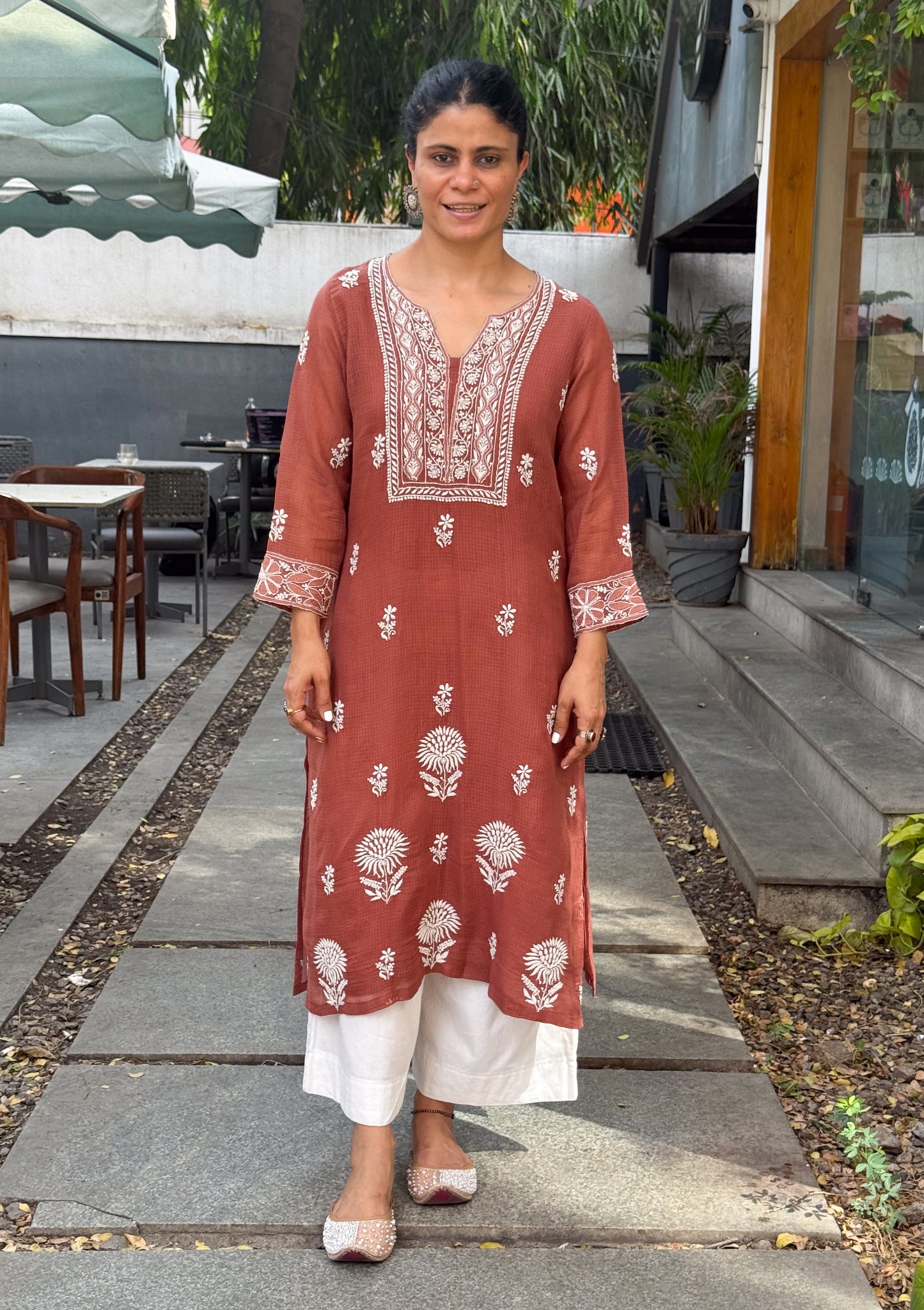 Handembroidered Chikankari Kota Doria Kurta