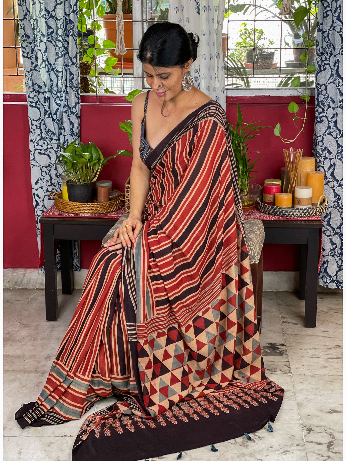 Handblock Printed Natural Dyed Ajrakh Mull Cotton Saree