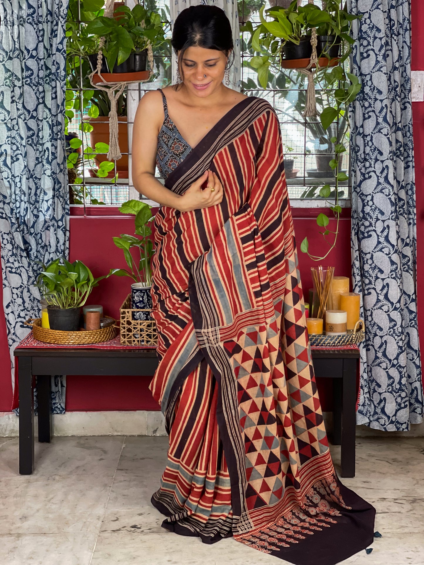 Handblock Printed Natural Dyed Ajrakh Mull Cotton Saree