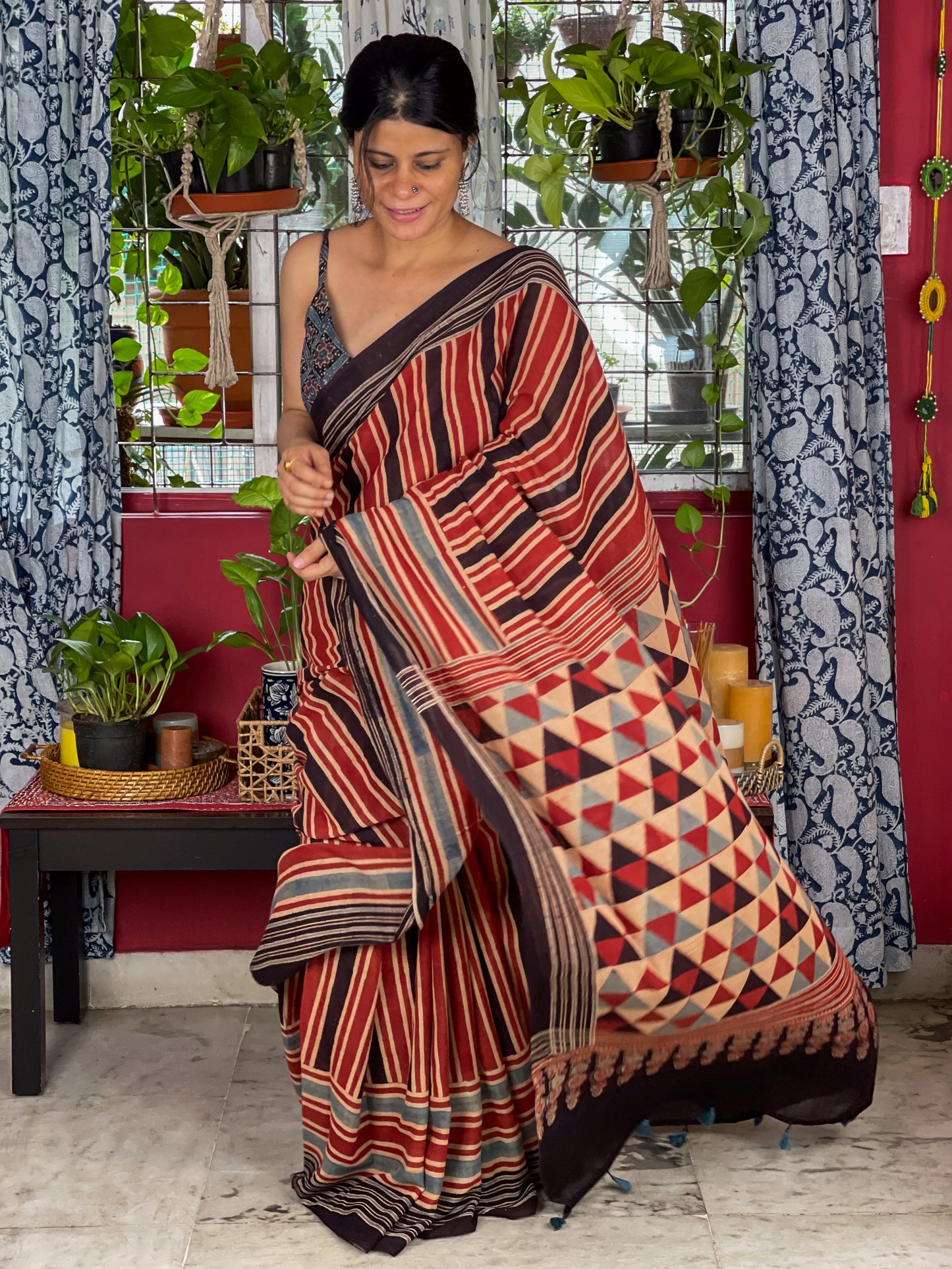 Handblock Printed Natural Dyed Ajrakh Mull Cotton Saree