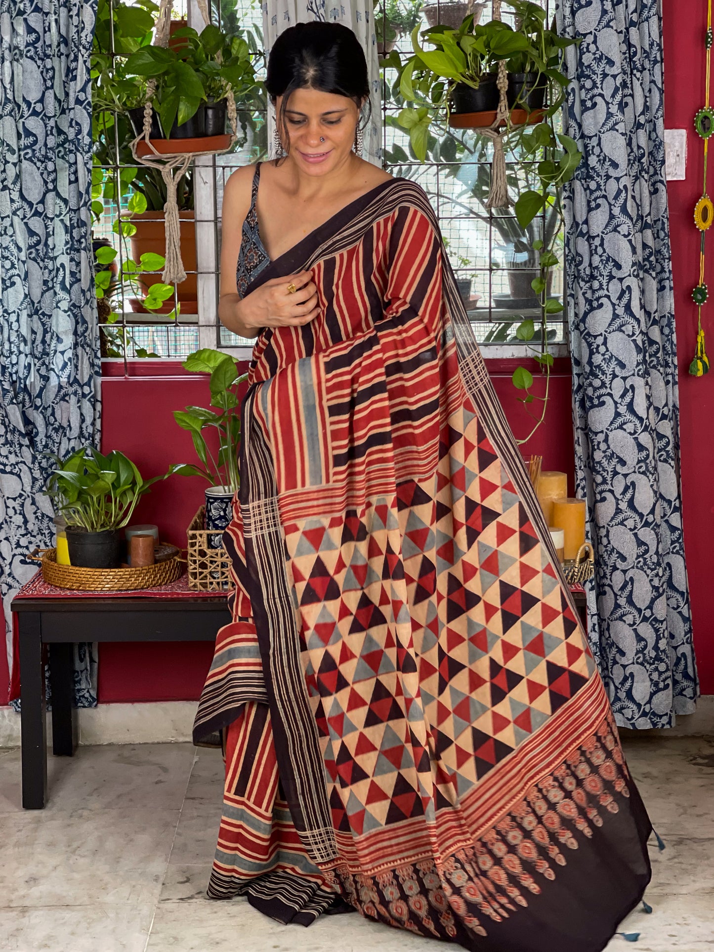 Handblock Printed Natural Dyed Ajrakh Mull Cotton Saree