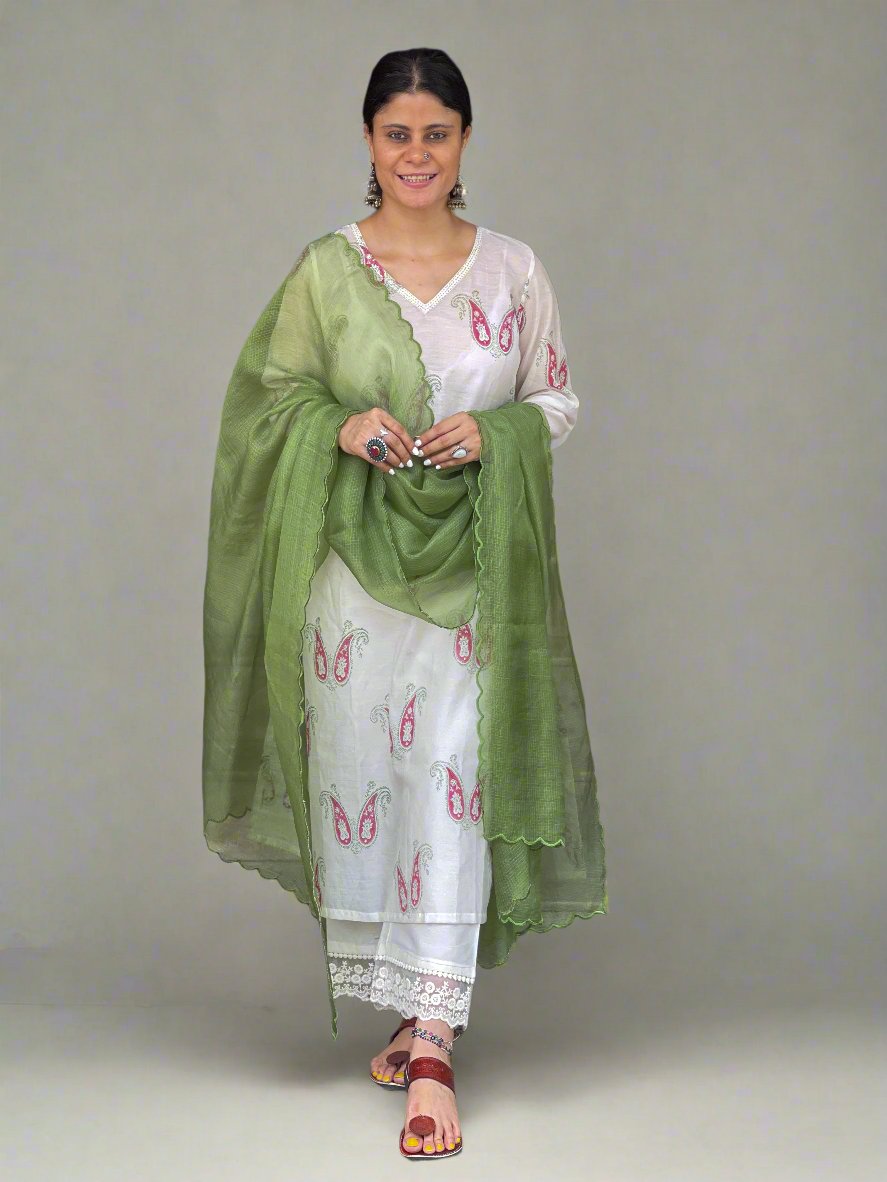 Handloom & handblock printed chanderi silk cotton kurta with kota silk dupatta