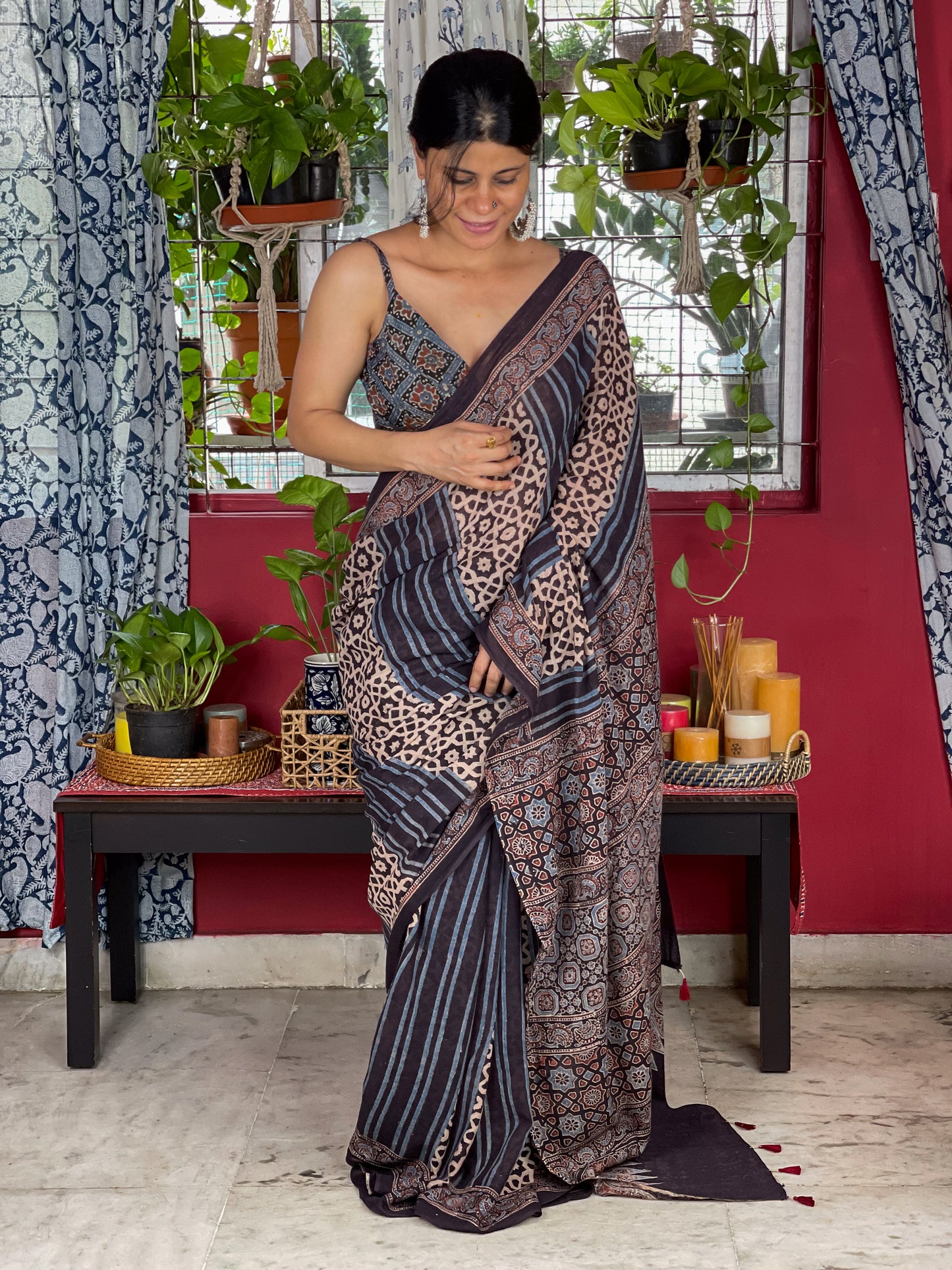 Handblock Printed Natural Dyed Ajrakh Mull Cotton Saree