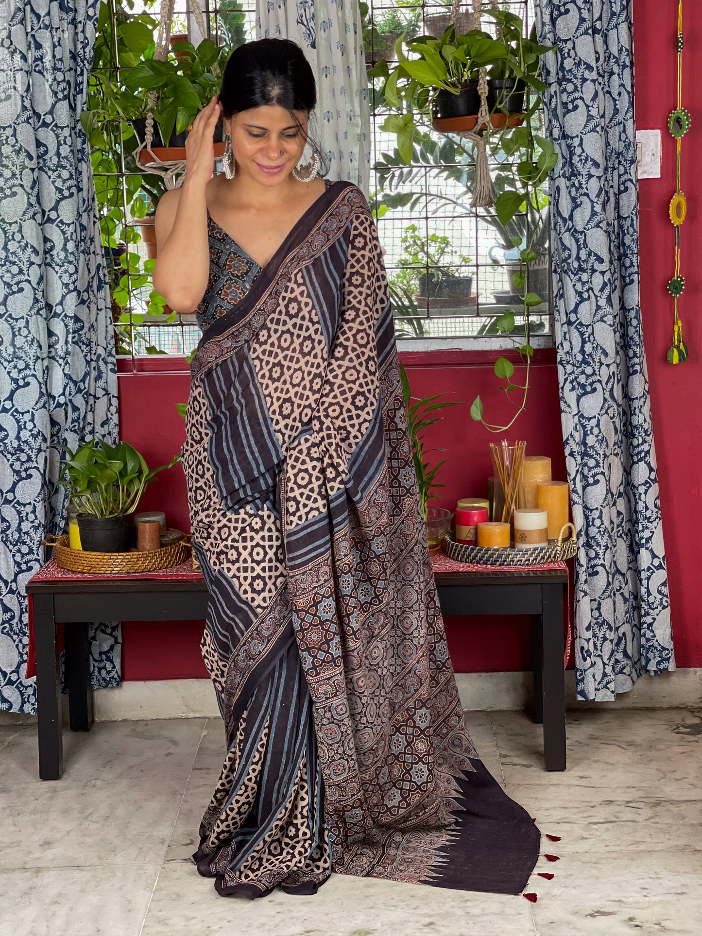Handblock Printed Natural Dyed Ajrakh Mull Cotton Saree