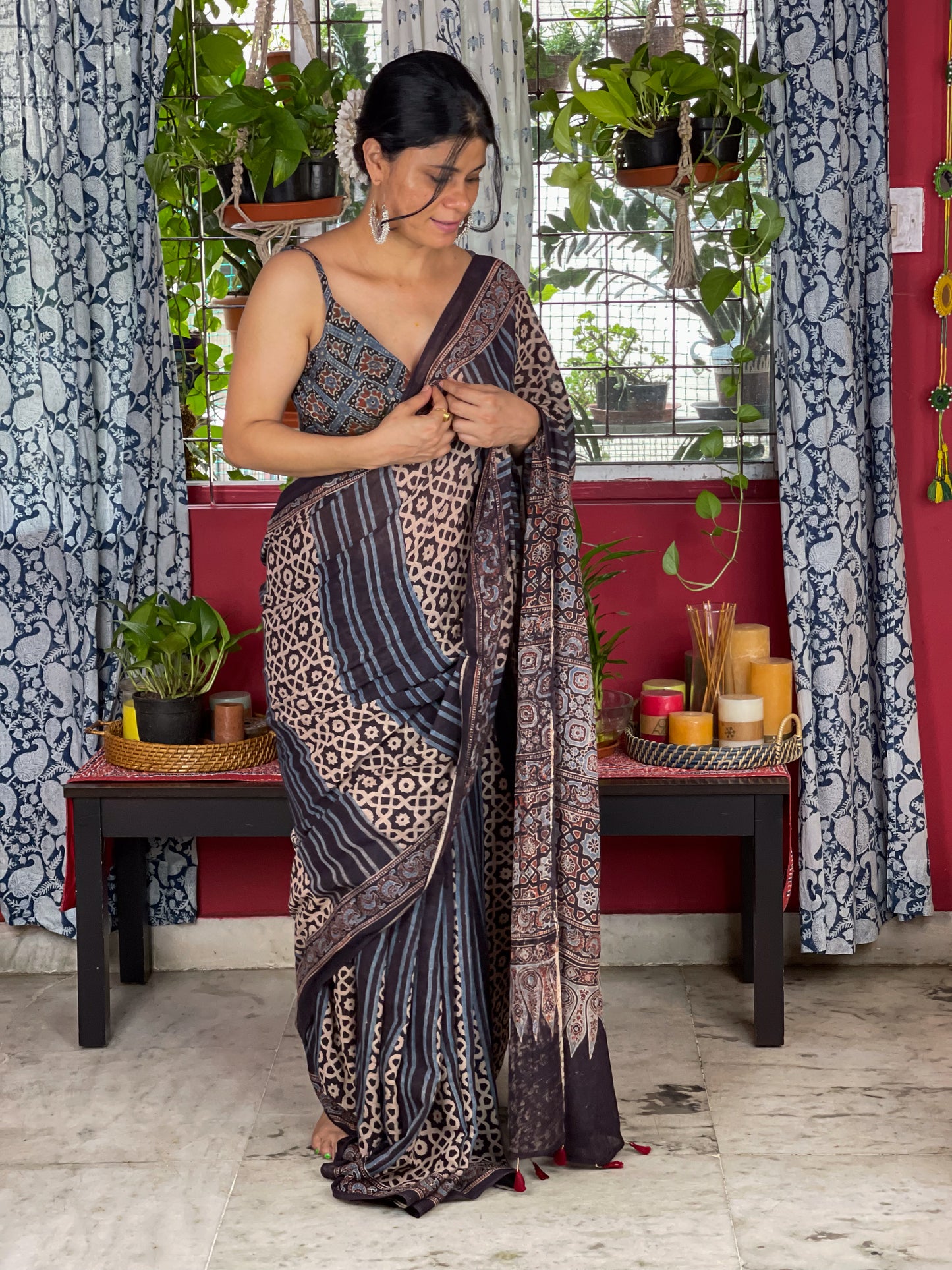 Handblock Printed Natural Dyed Ajrakh Mull Cotton Saree