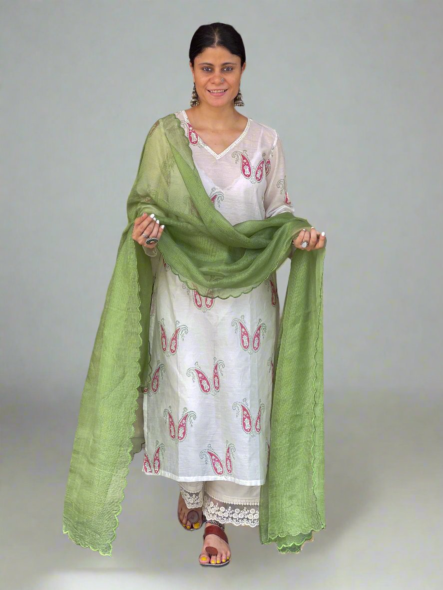 Handloom & handblock printed chanderi silk cotton kurta with kota silk dupatta