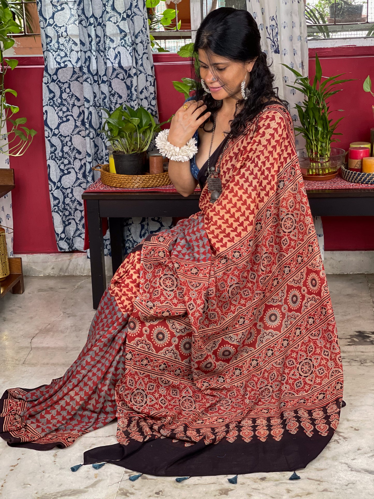Handblock Printed Natural Dyed Ajrakh Mull Cotton Saree
