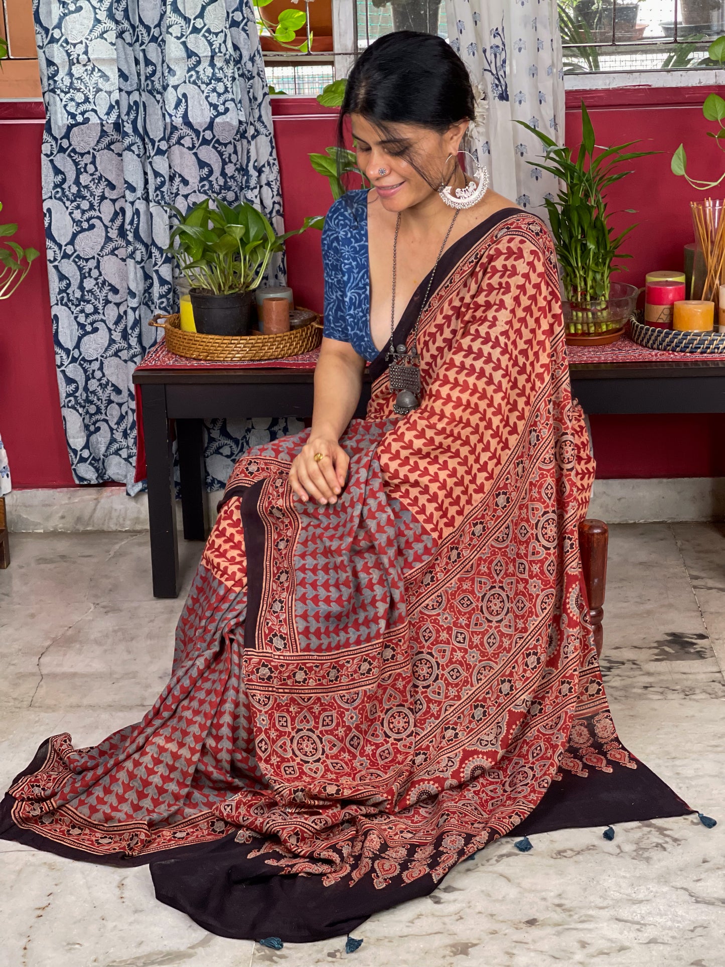 Handblock Printed Natural Dyed Ajrakh Mull Cotton Saree
