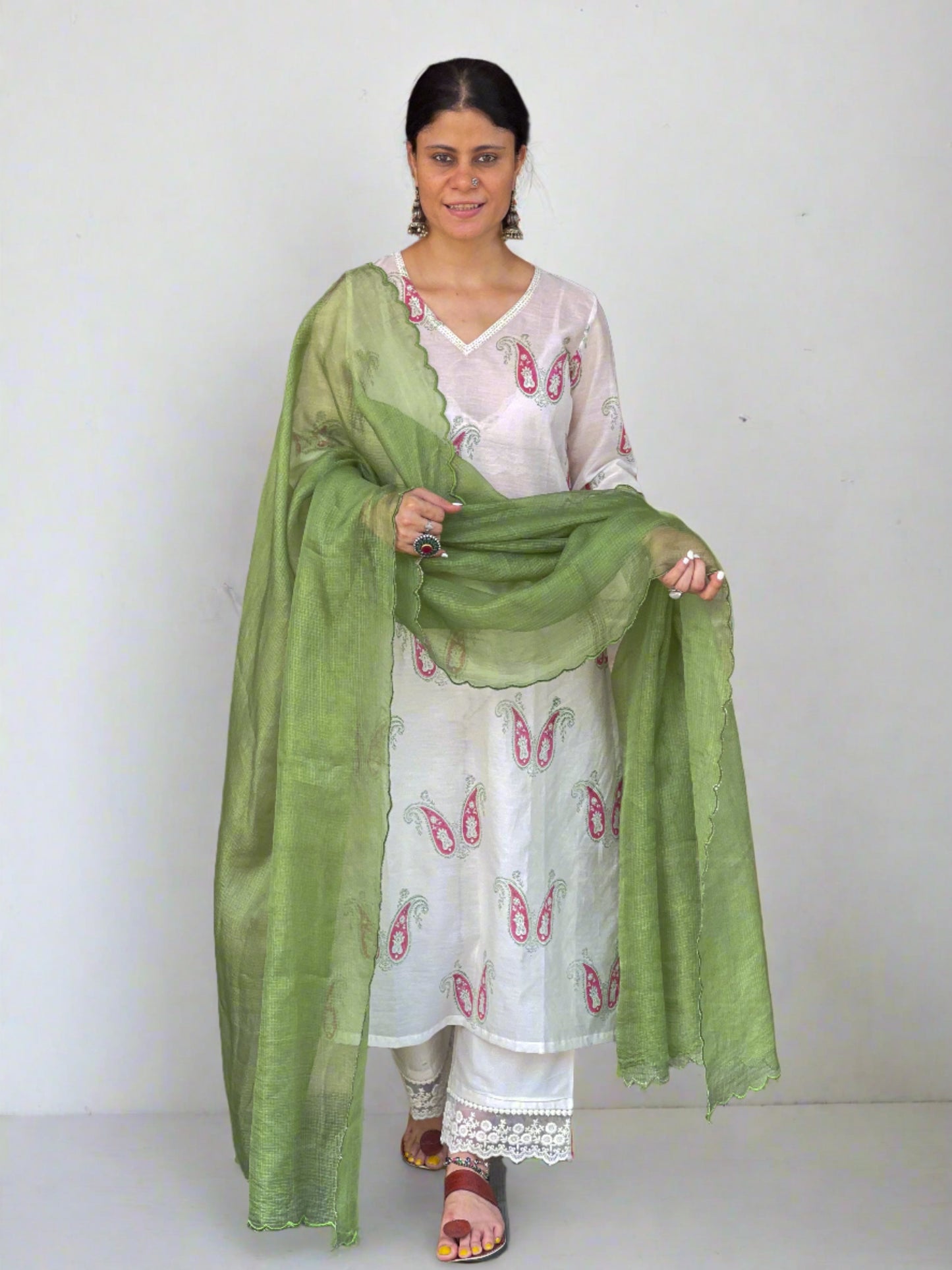 Handloom & handblock printed chanderi silk cotton kurta with kota silk dupatta