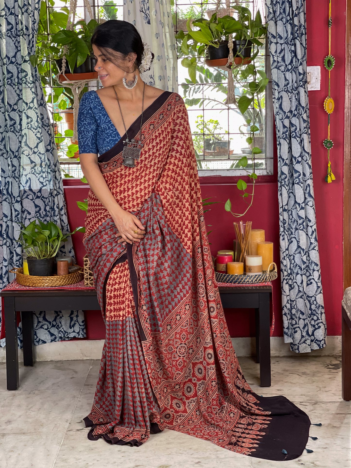 Handblock Printed Natural Dyed Ajrakh Mull Cotton Saree