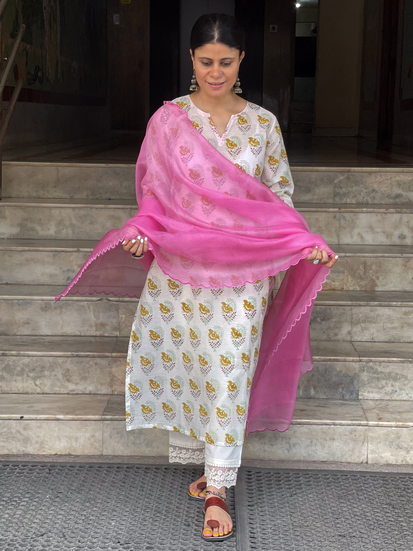 Handloom & handblock printed chanderi silk cotton kurta with kota silk dupatta