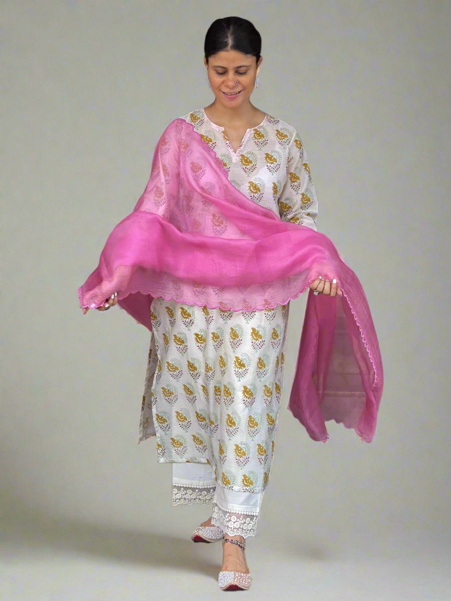 Handloom & handblock printed chanderi silk cotton kurta with kota silk dupatta