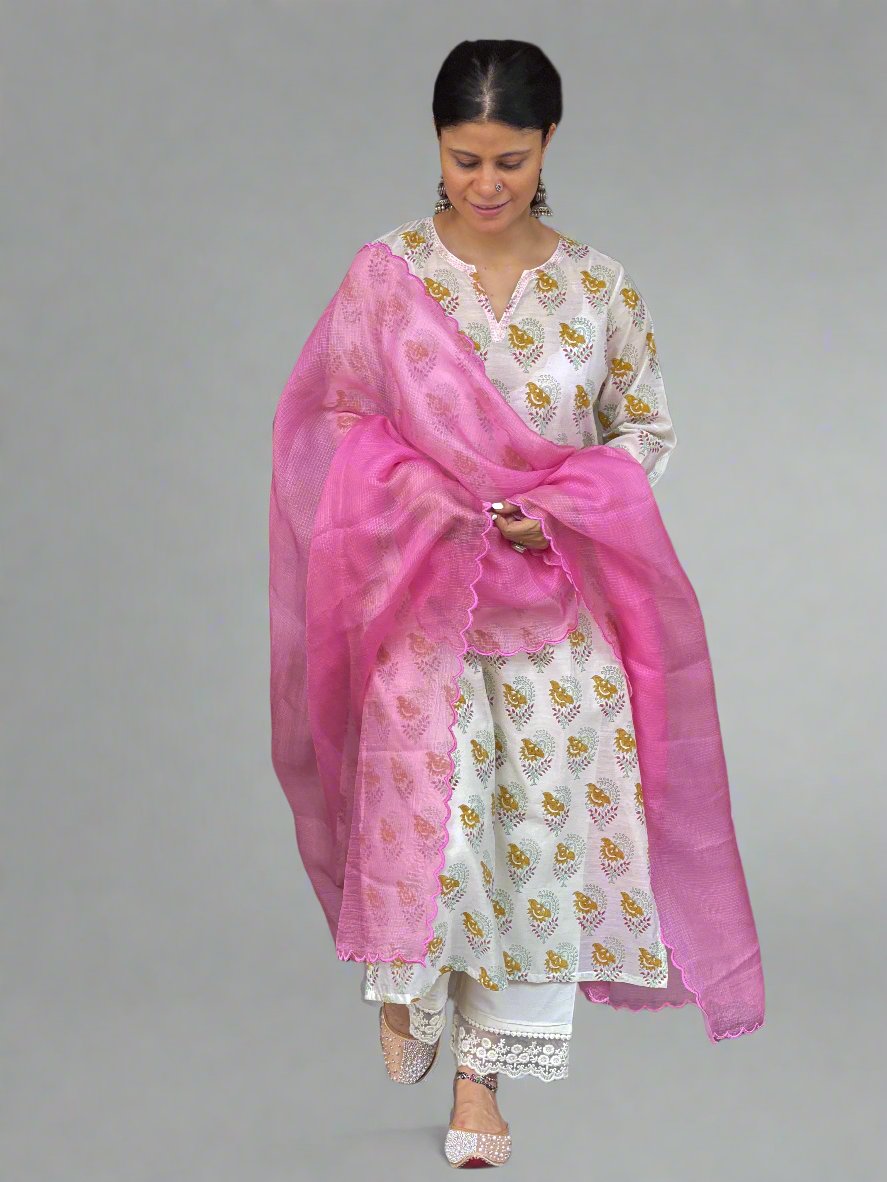 Handloom & handblock printed chanderi silk cotton kurta with kota silk dupatta