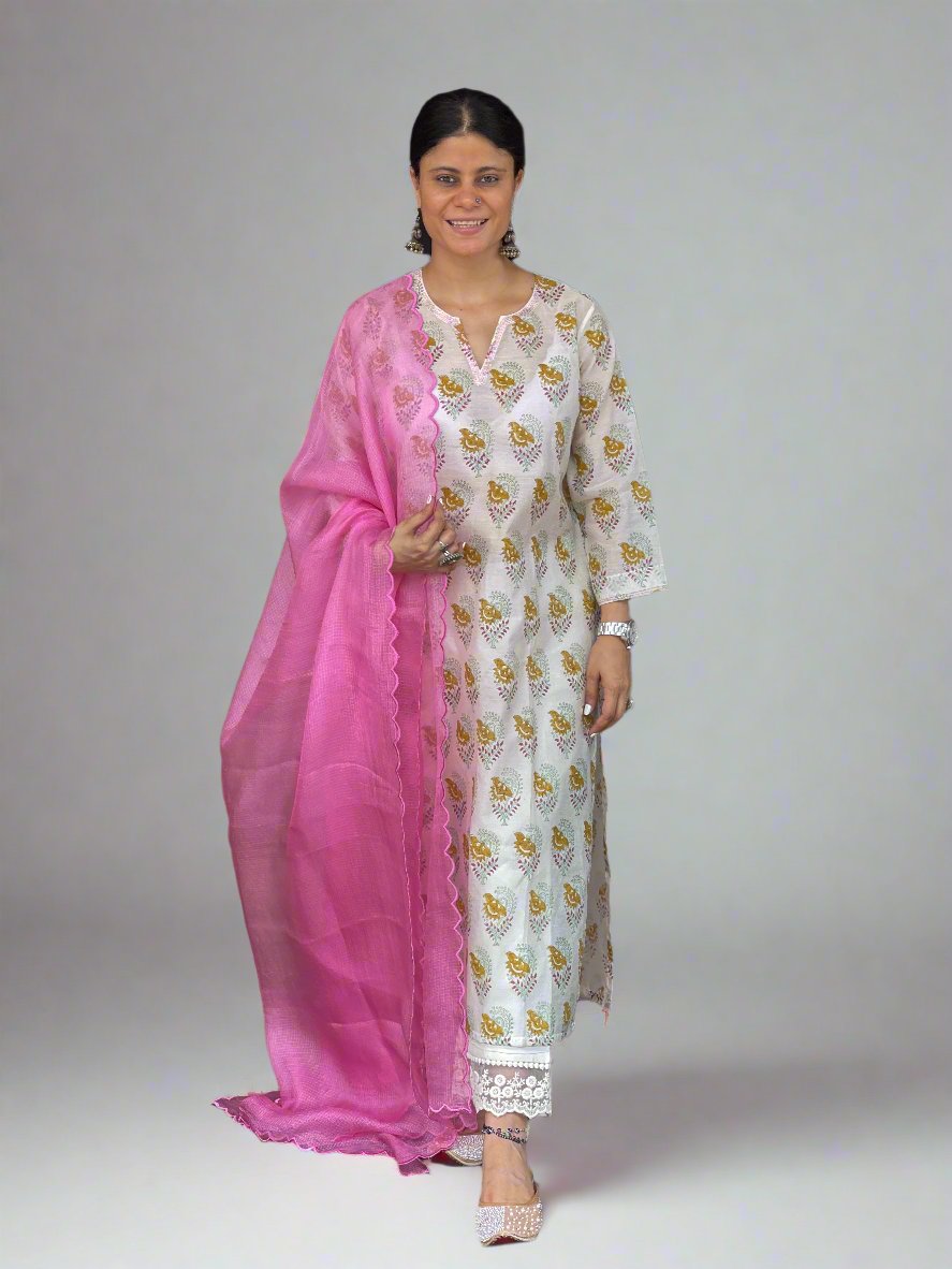 Handloom & handblock printed chanderi silk cotton kurta with kota silk dupatta