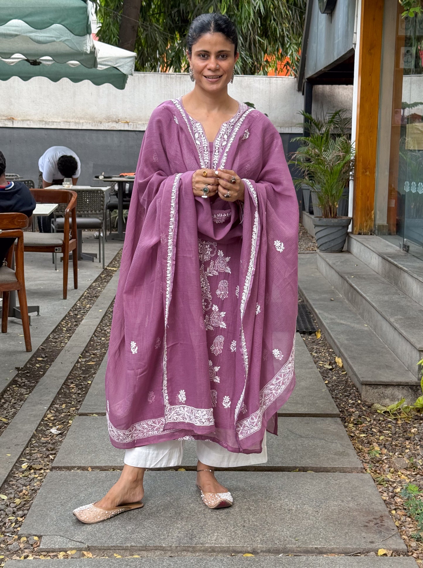 Handembroidered Chikankari Kota Doria With Dupatta