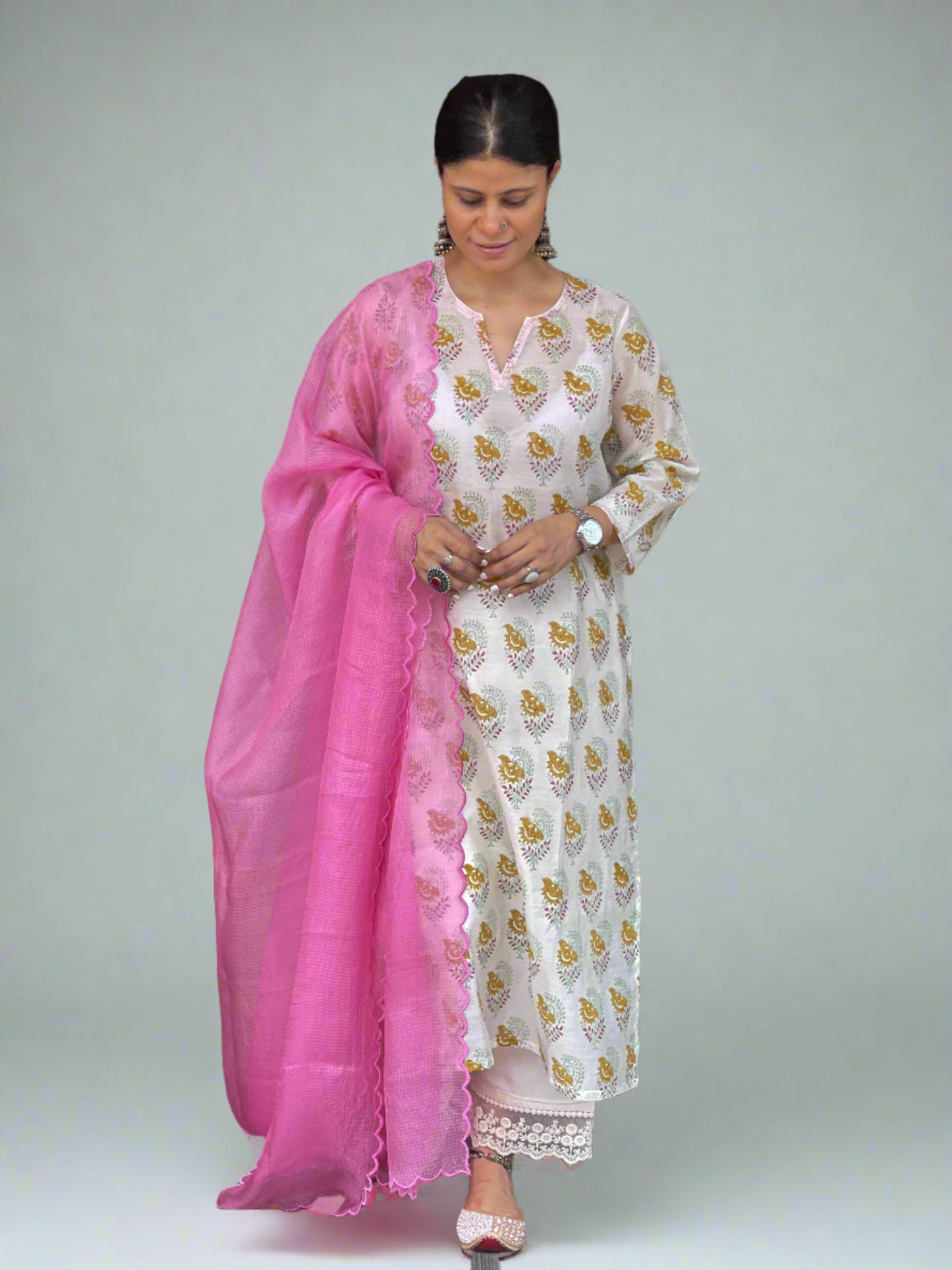 Handloom & handblock printed chanderi silk cotton kurta with kota silk dupatta