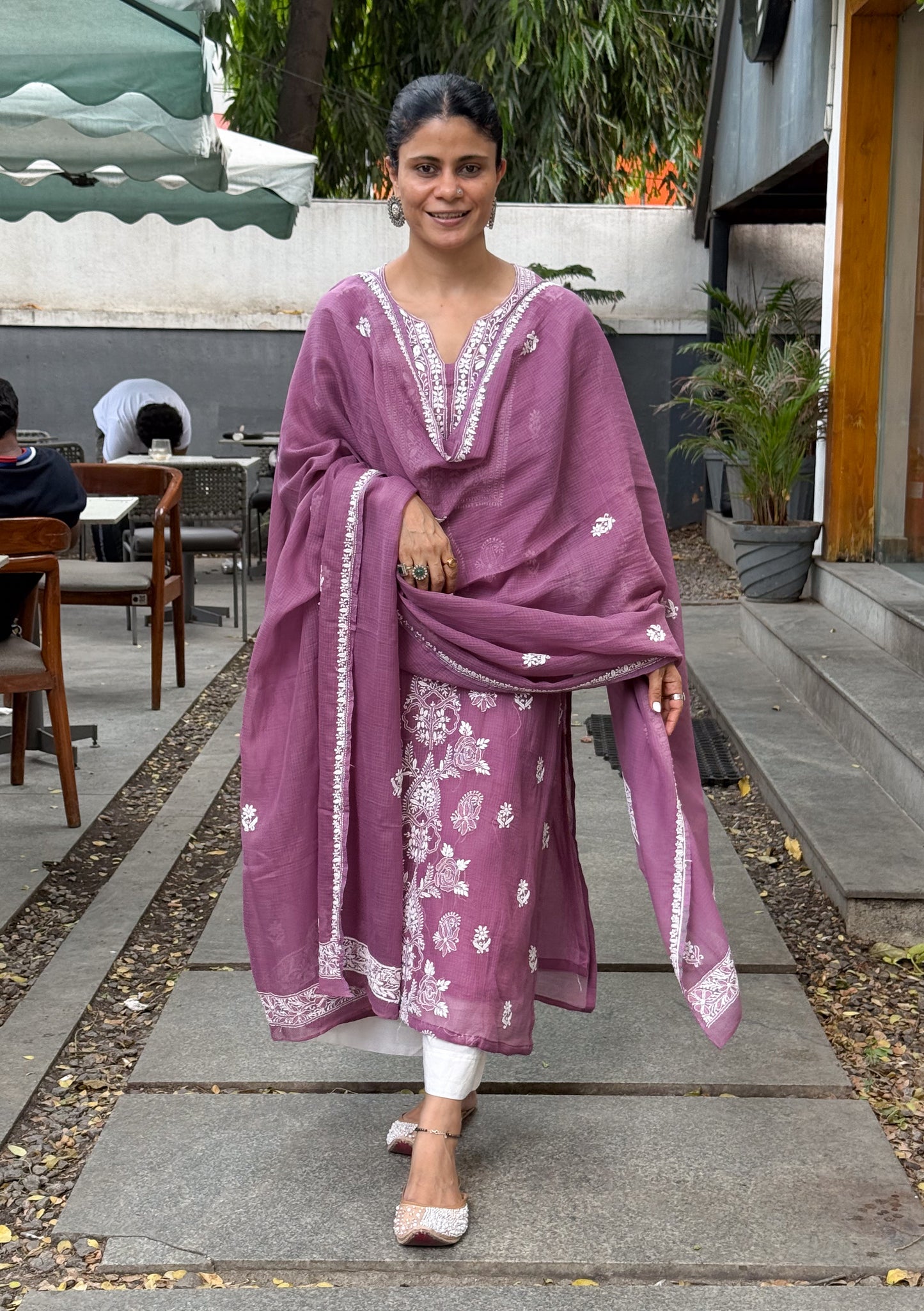 Handembroidered Chikankari Kota Doria With Dupatta