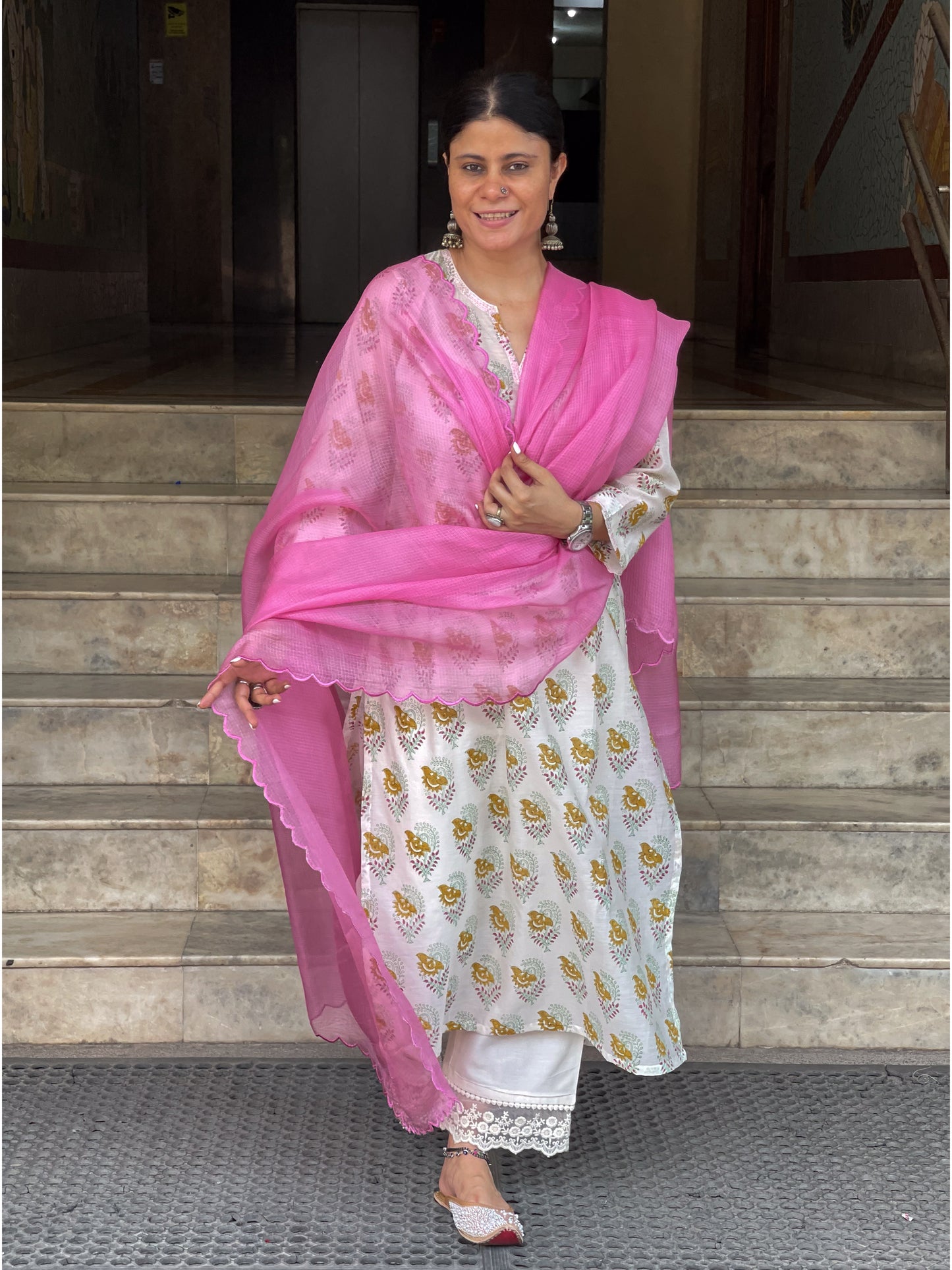 Handloom & handblock printed chanderi silk cotton kurta with kota silk dupatta