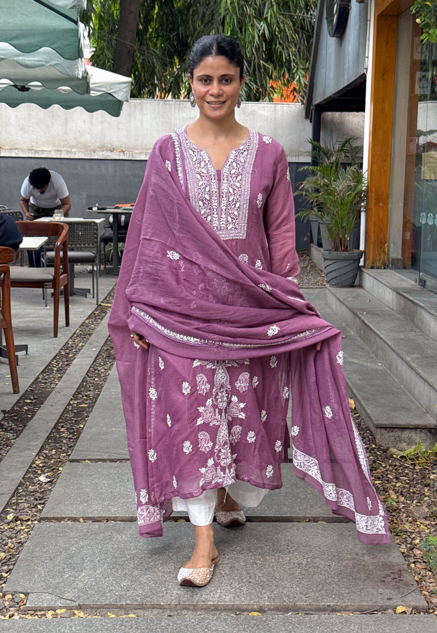 Handembroidered Chikankari Kota Doria With Dupatta