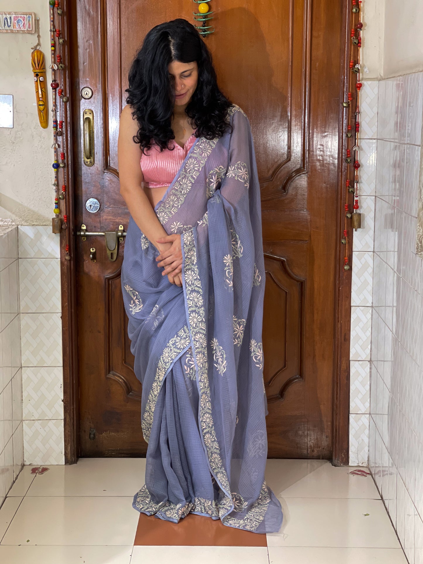 Handembroidered Chikanakri Pure Kota Doria Cotton Saree