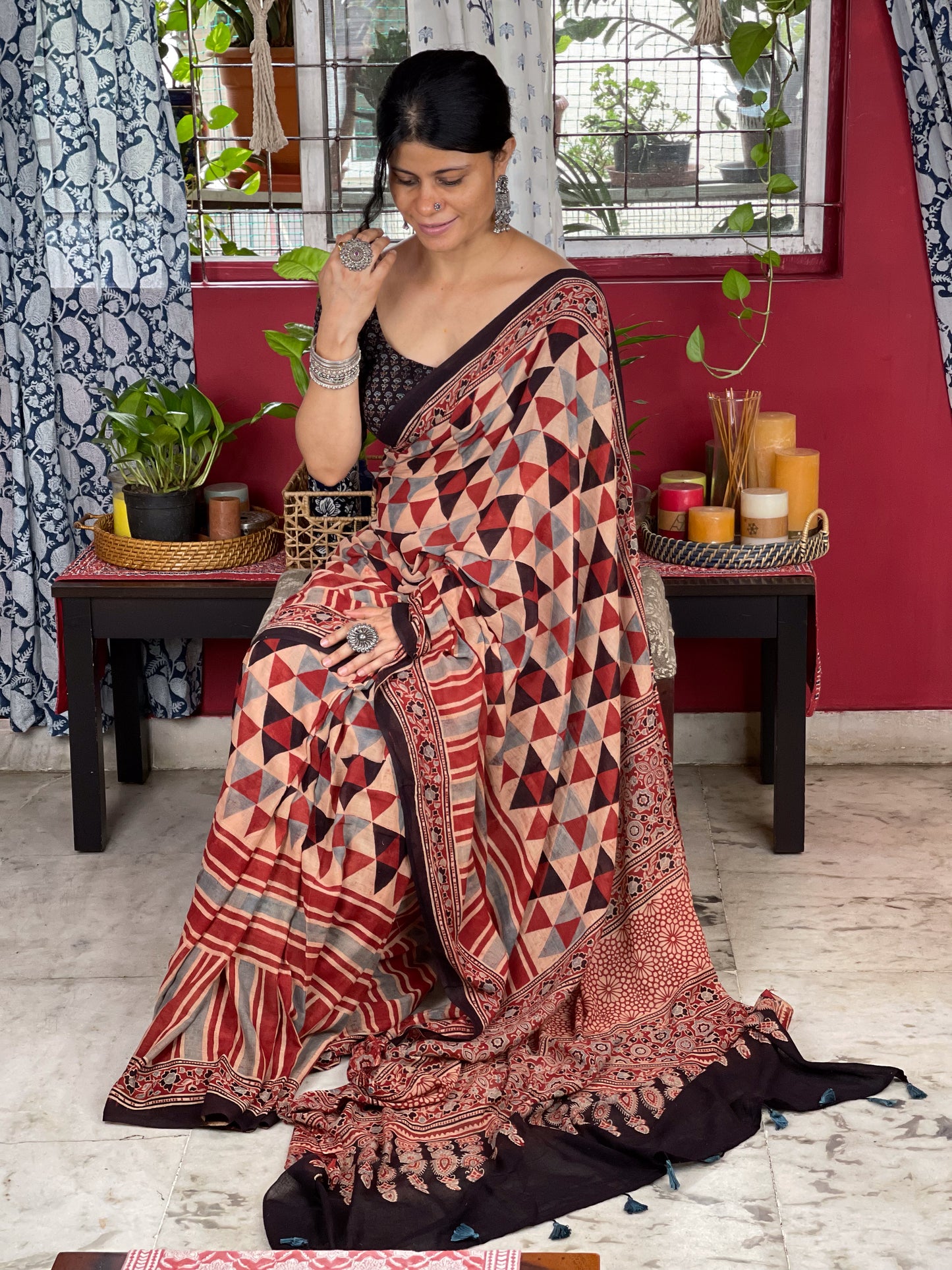 Handblock Printed Natural Dyed Ajrakh Mull Cotton Saree