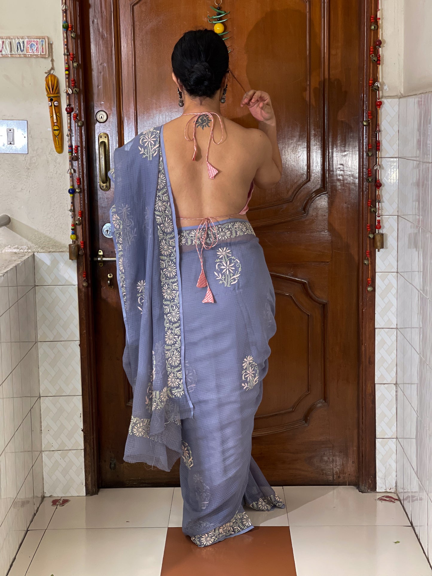 Handembroidered Chikanakri Pure Kota Doria Cotton Saree