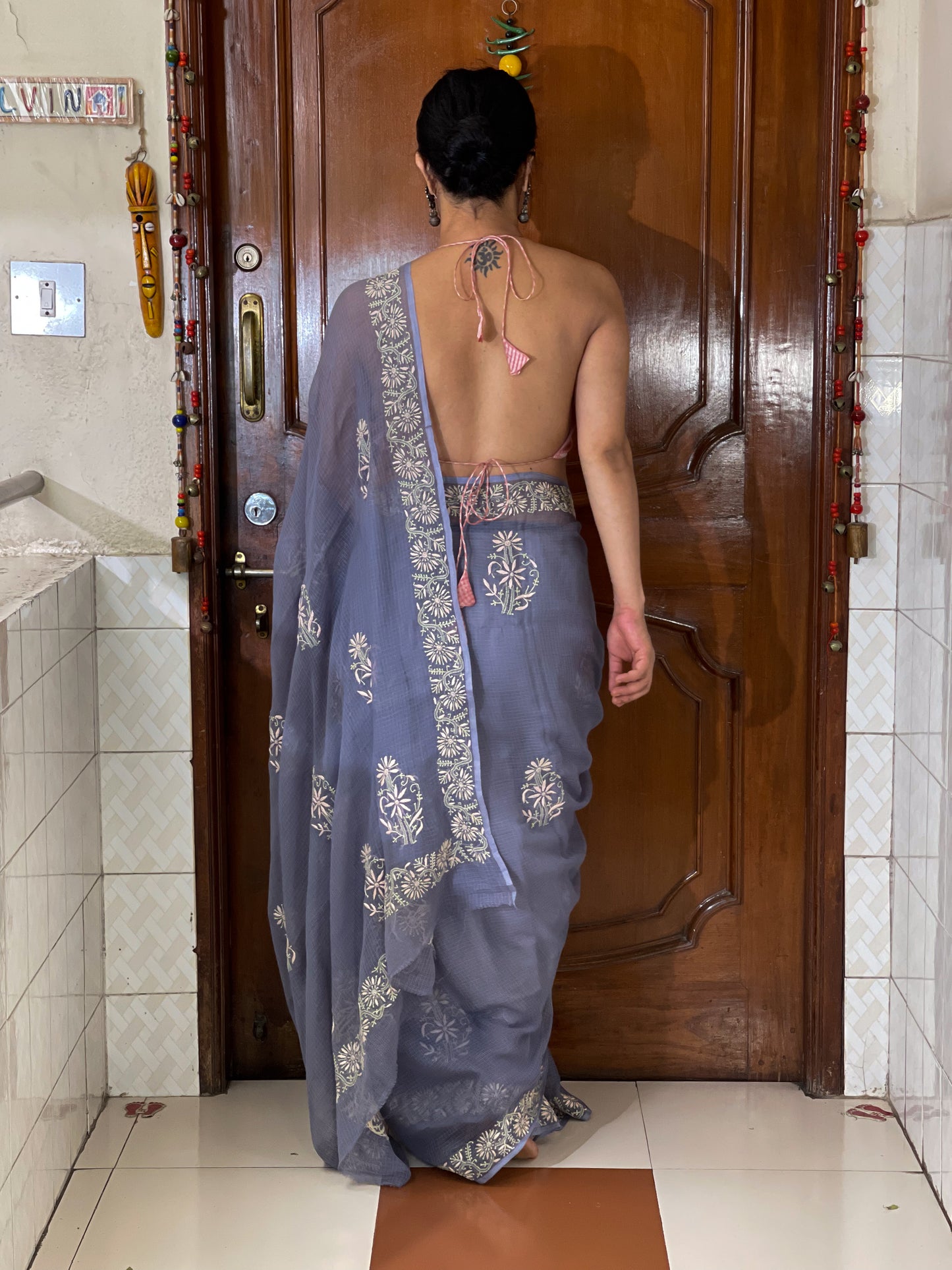Handembroidered Chikanakri Pure Kota Doria Cotton Saree