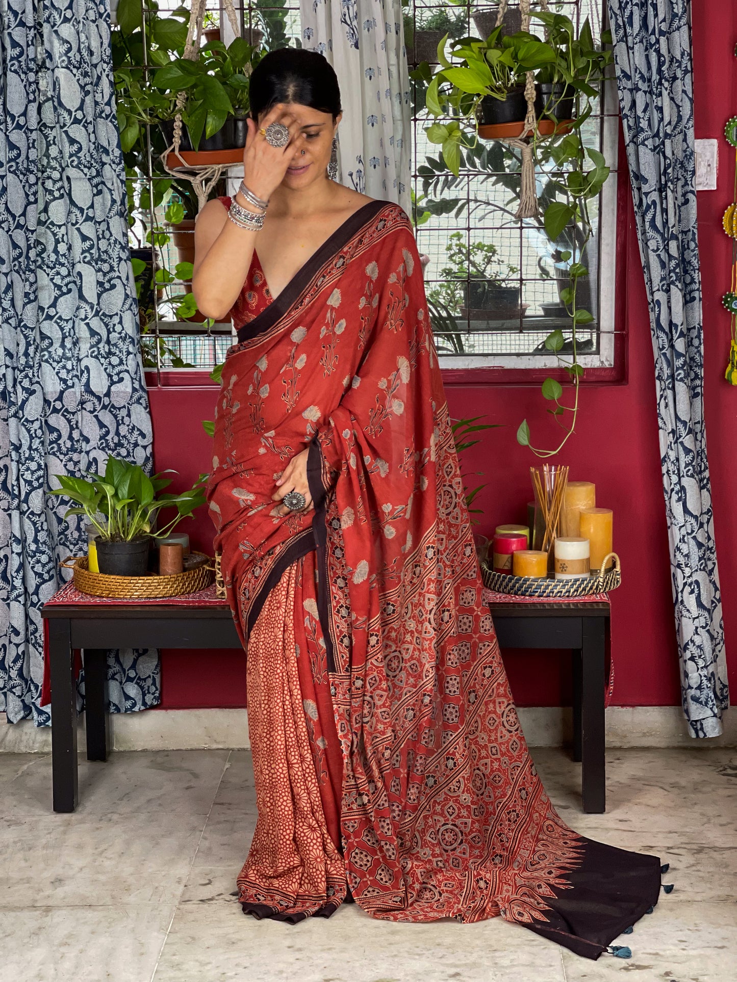 Handblock Printed Natural Dyed Ajrakh Mull Cotton Saree