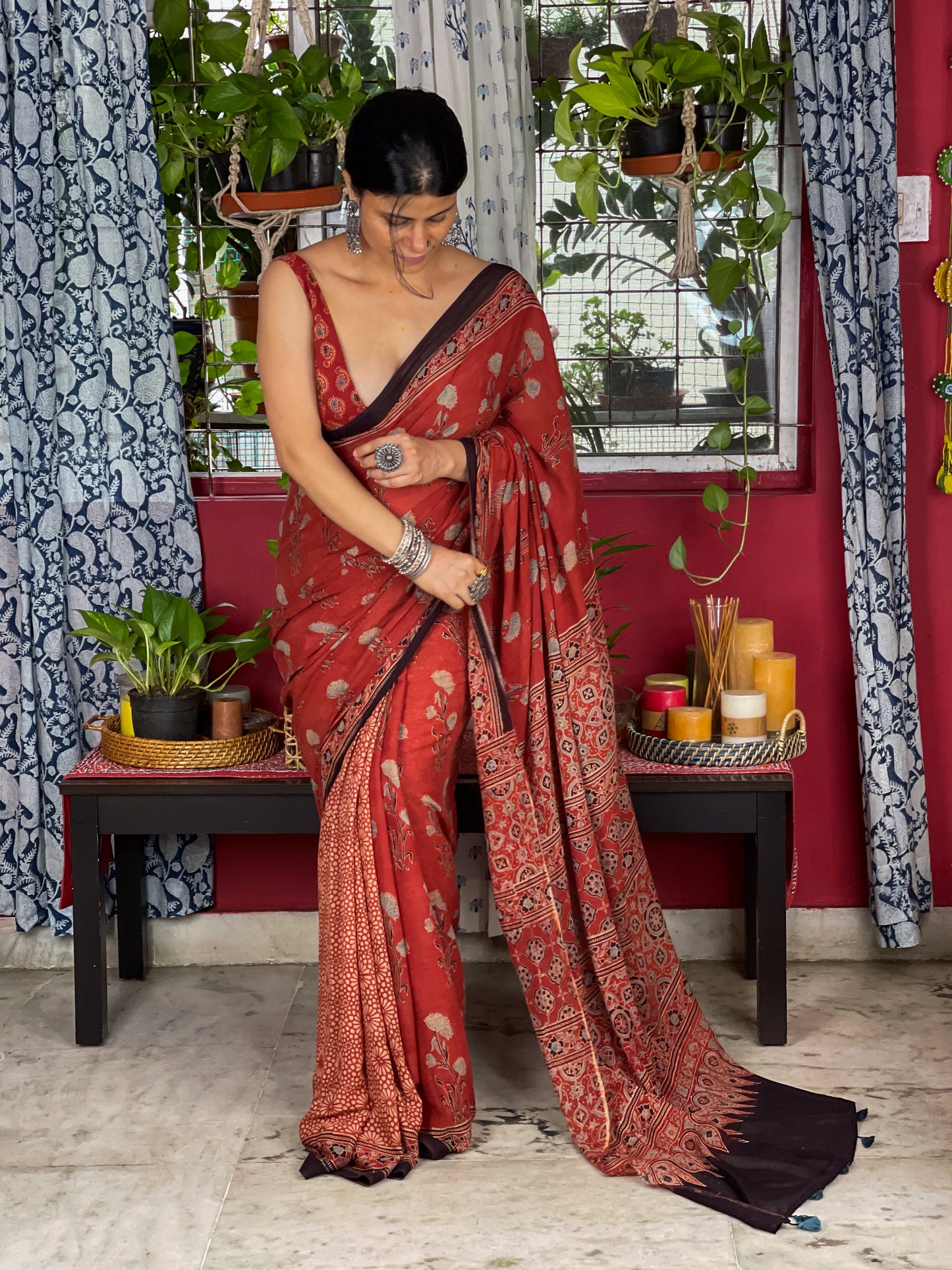 Handblock Printed Natural Dyed Ajrakh Mull Cotton Saree