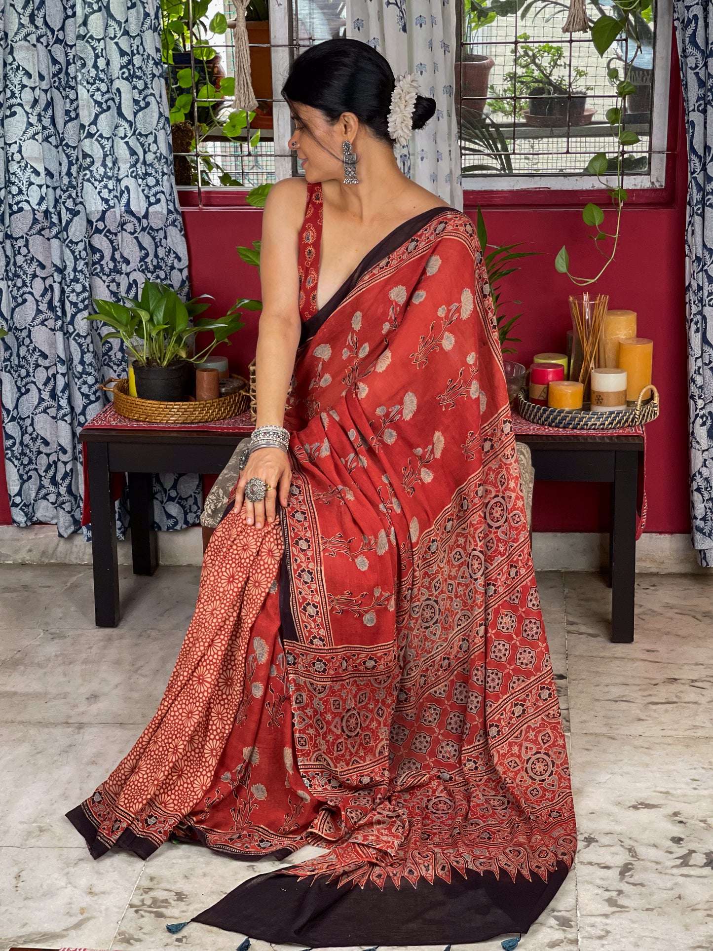 Handblock Printed Natural Dyed Ajrakh Mull Cotton Saree