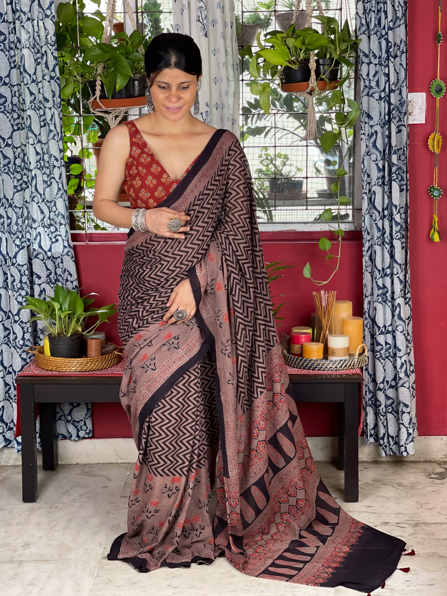 Handblock Printed Natural Dyed Ajrakh Mull Cotton Saree